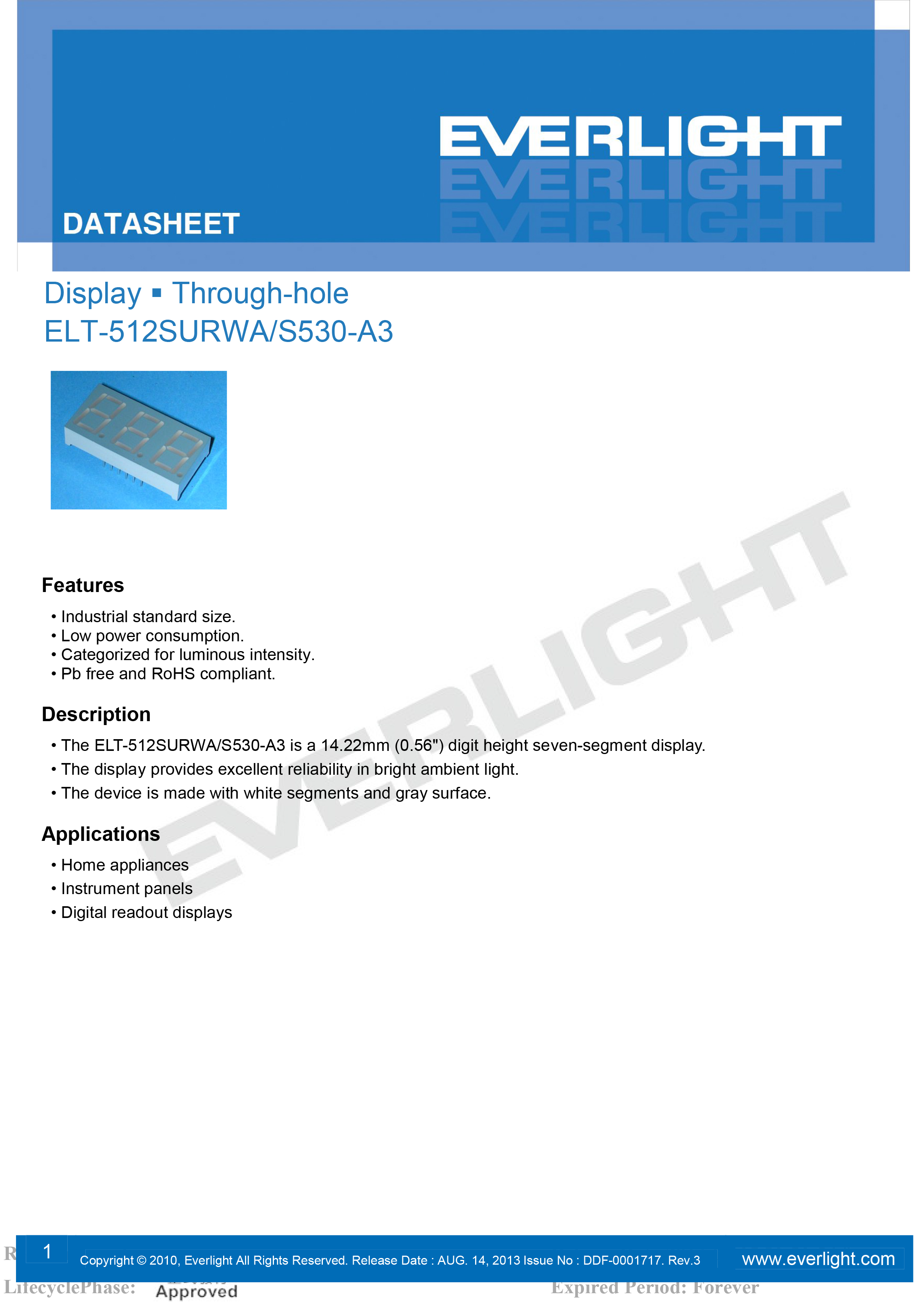 亿光三位直插数码管ELT-512SURWA/S530-A3规格书PDF