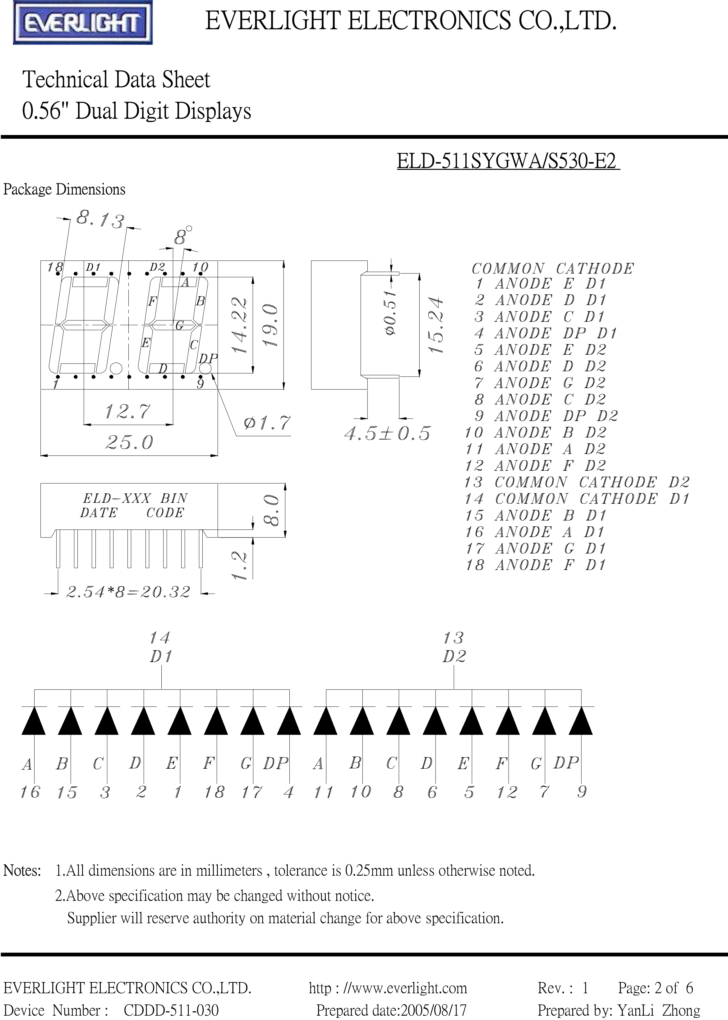 亿光直插单位数码管ELD-511SYGWA/S530-E2规格书PDF