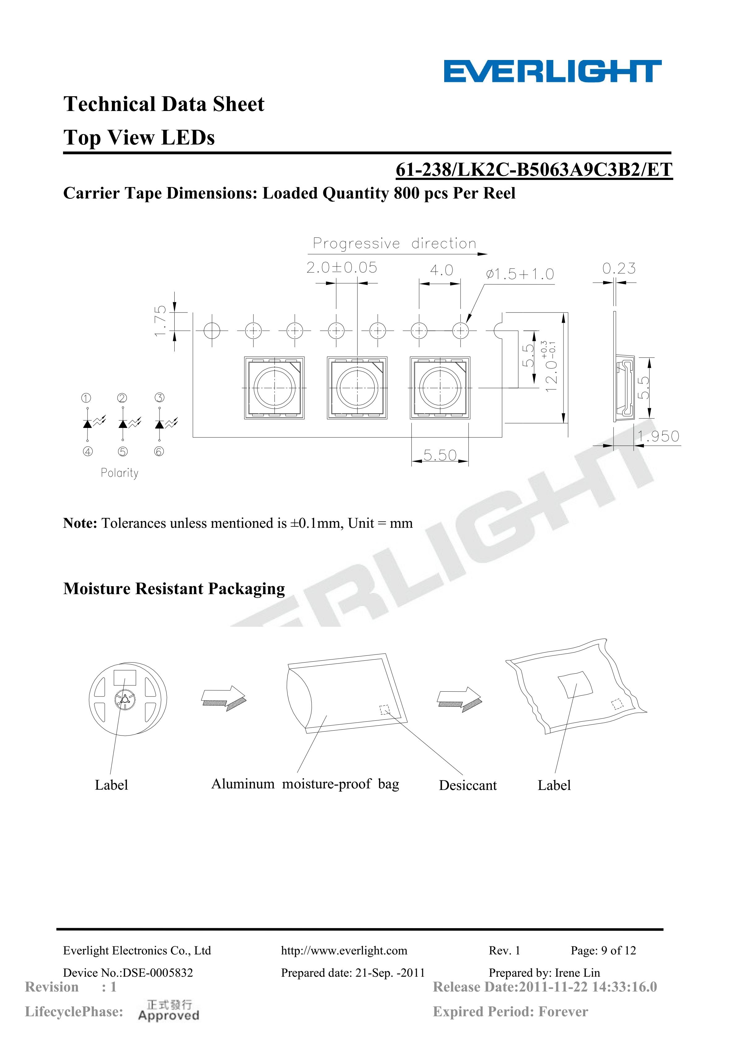 亿光贴片5050灯珠61-238-LK2C-B5063A9C3B2-ET 白光规格书PDF（数据表）