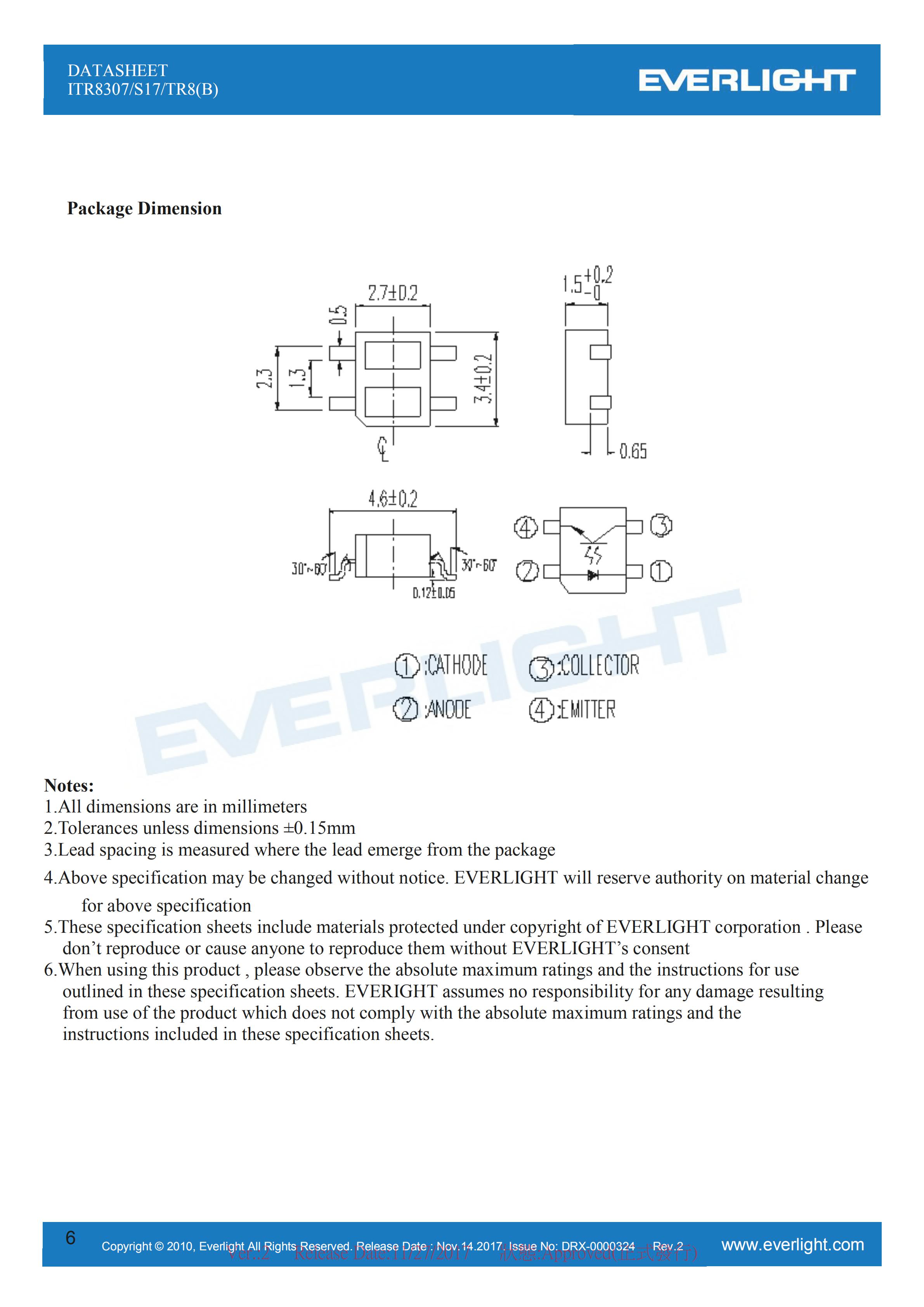 亿光贴片式光电开关ITR8307/S17/TR8(B)光电传感器参数及规格书(PDF 数据表)