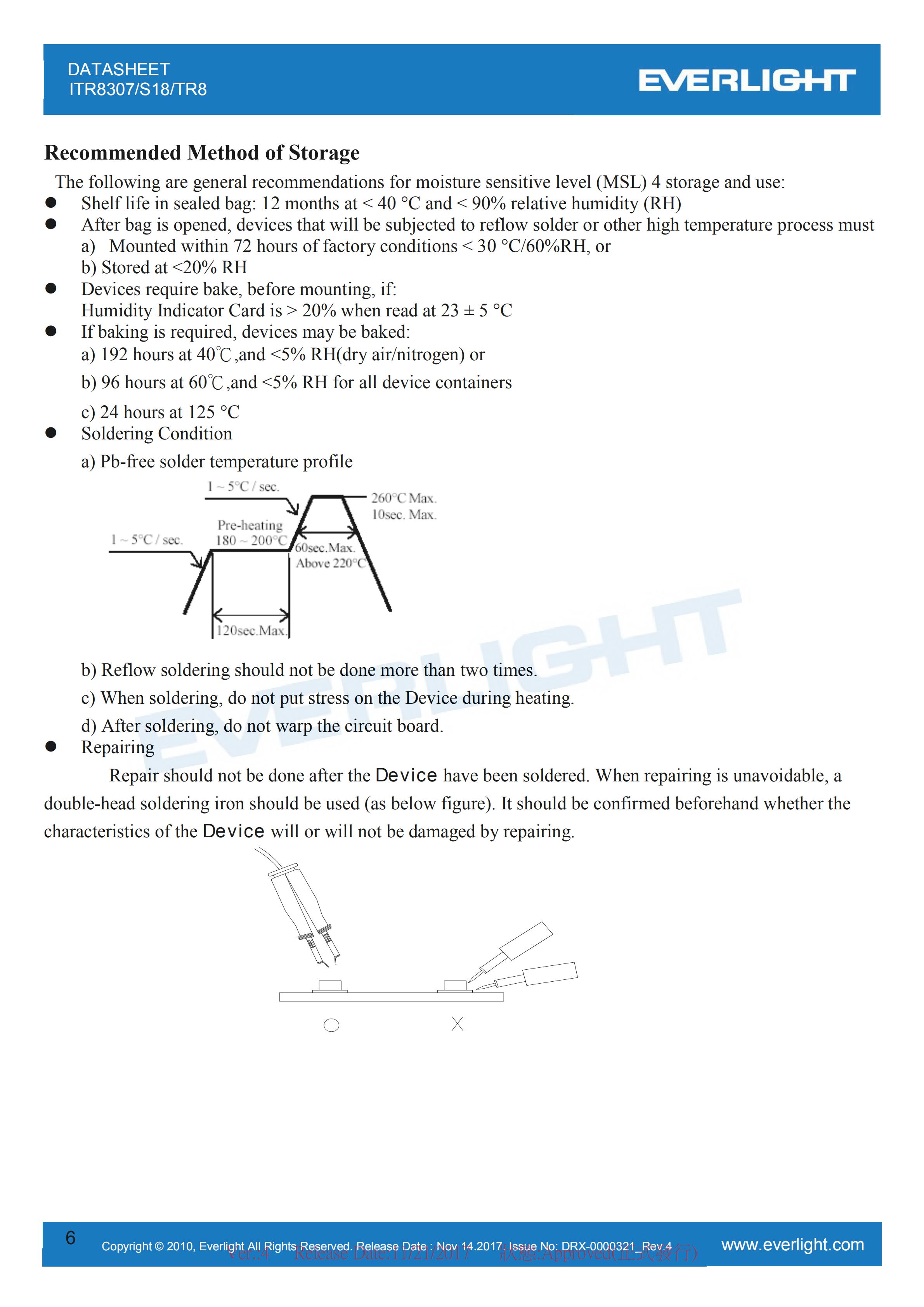 亿光贴片反射式光电开关ITR8307/S18/TR8参数及规格书(PDF 数据表)