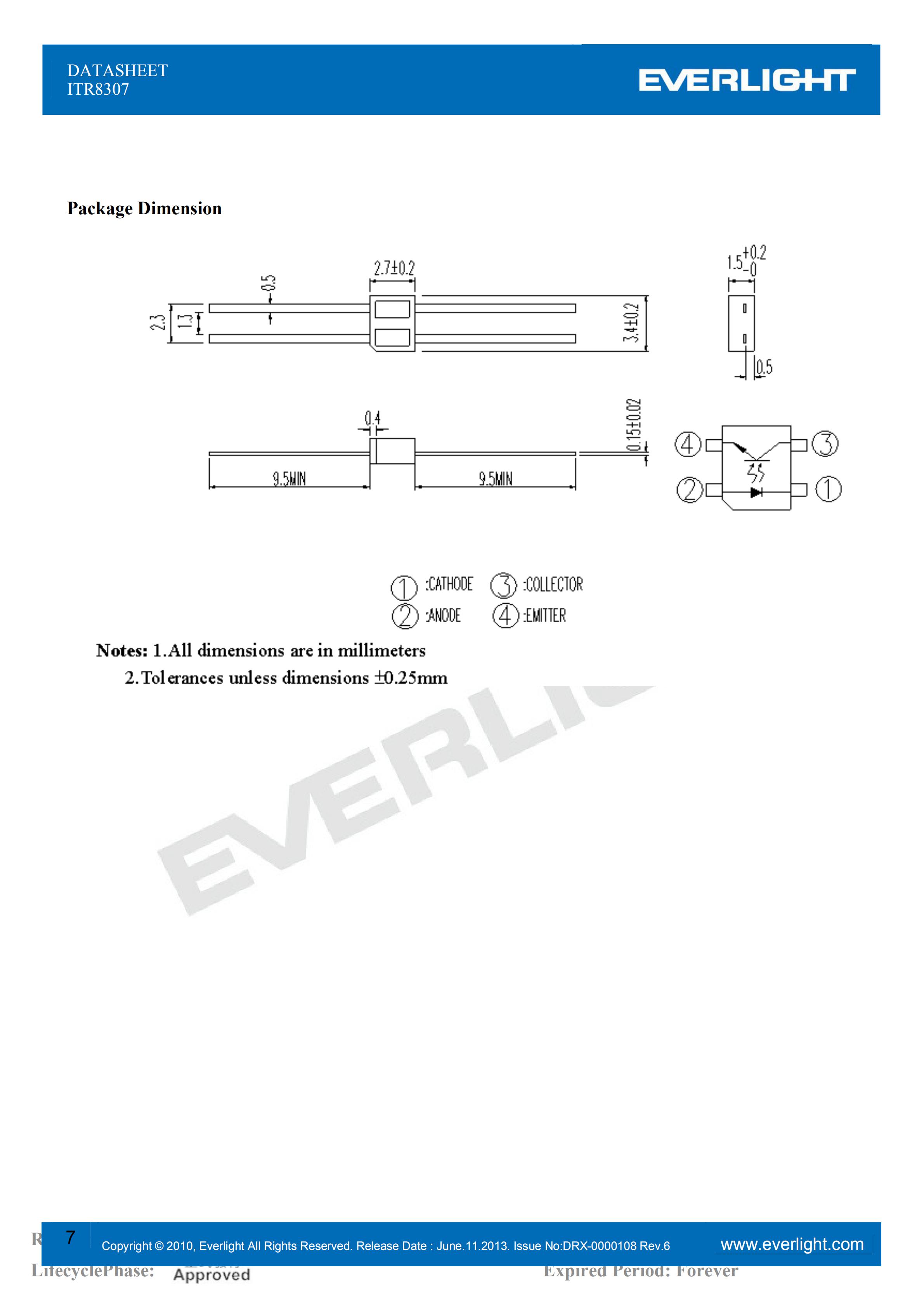 亿光插件反射式光电开关ITR8307传感器参数及规格书(PDF 数据表)