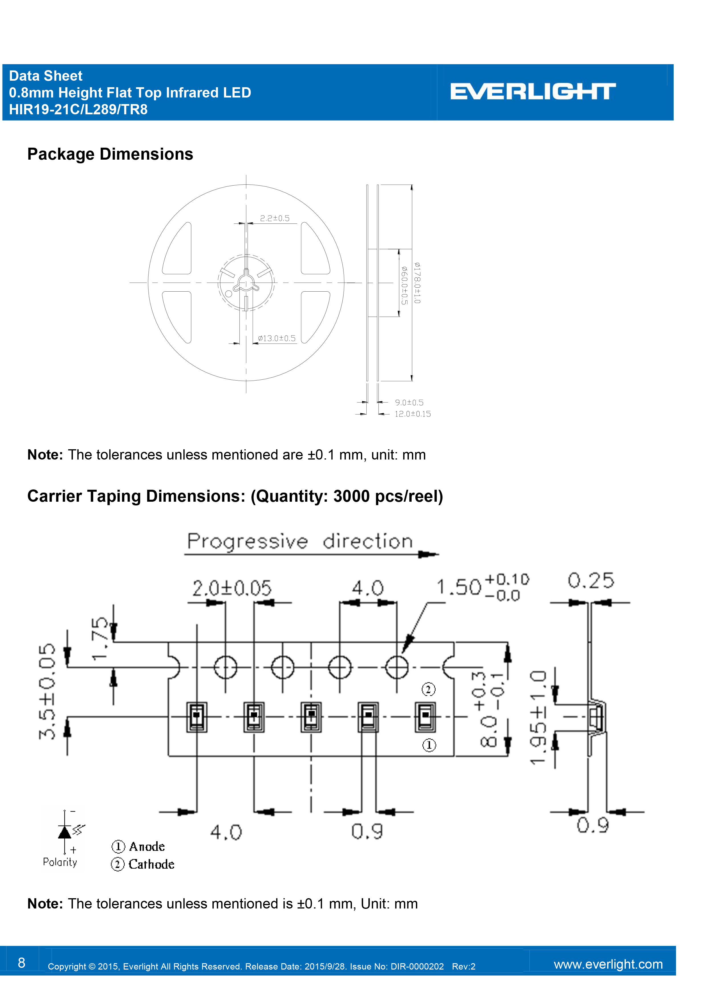 亿光贴片0603红外发射管850nm HIR19-21C/L289/TR8规格书PDF