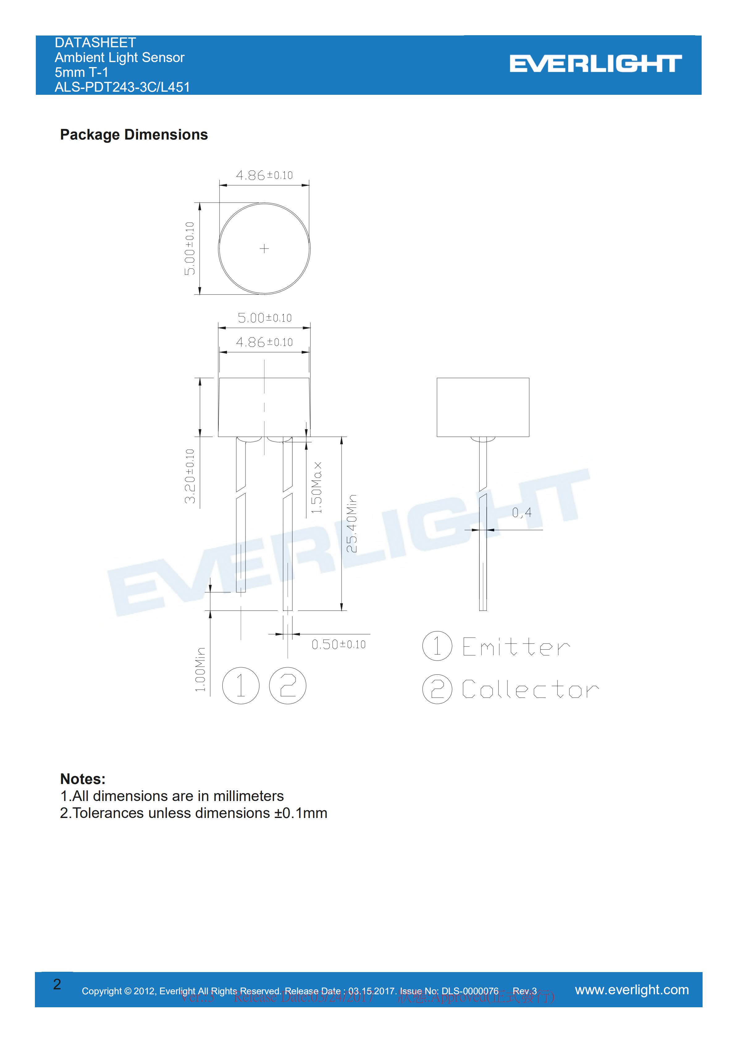 亿光直插环境光传感ALS-PDT243-3C/L451规格书（数据表PDF）