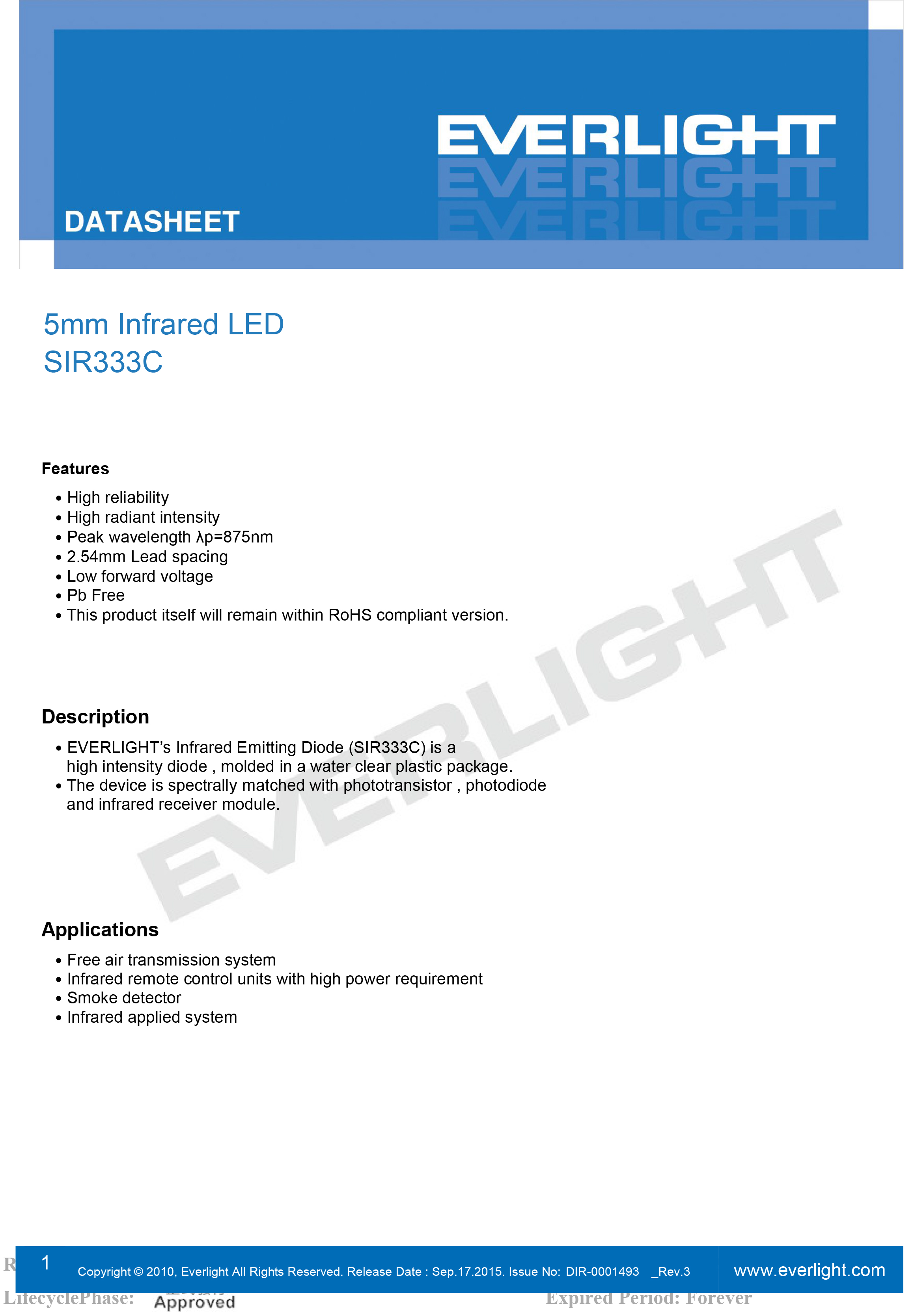 亿光5mm直插红外发射管SIR333C规格书PDF