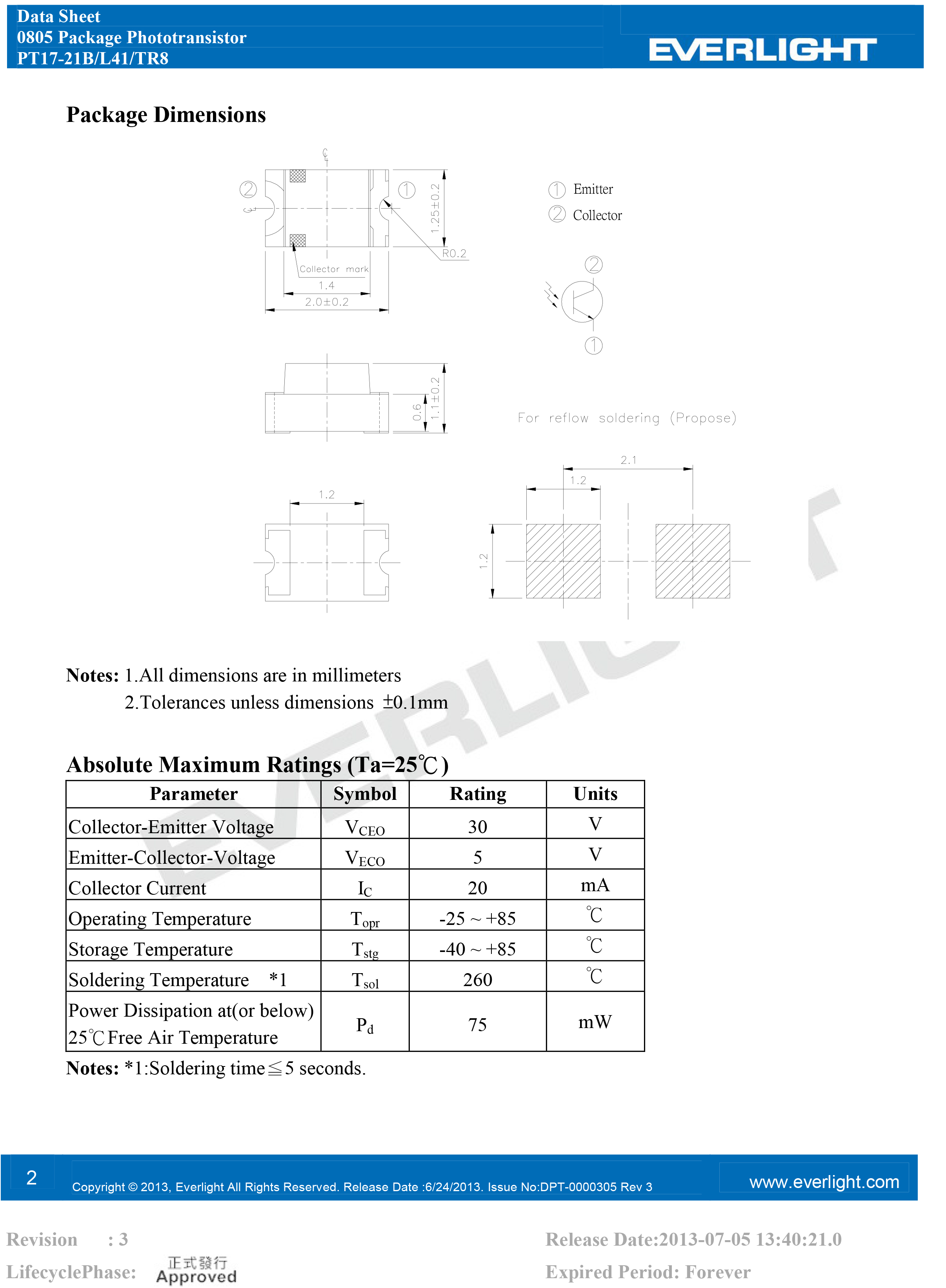 亿光贴片0805接收管PT17-21B/L41/TR8规格书PDF（数据表）
