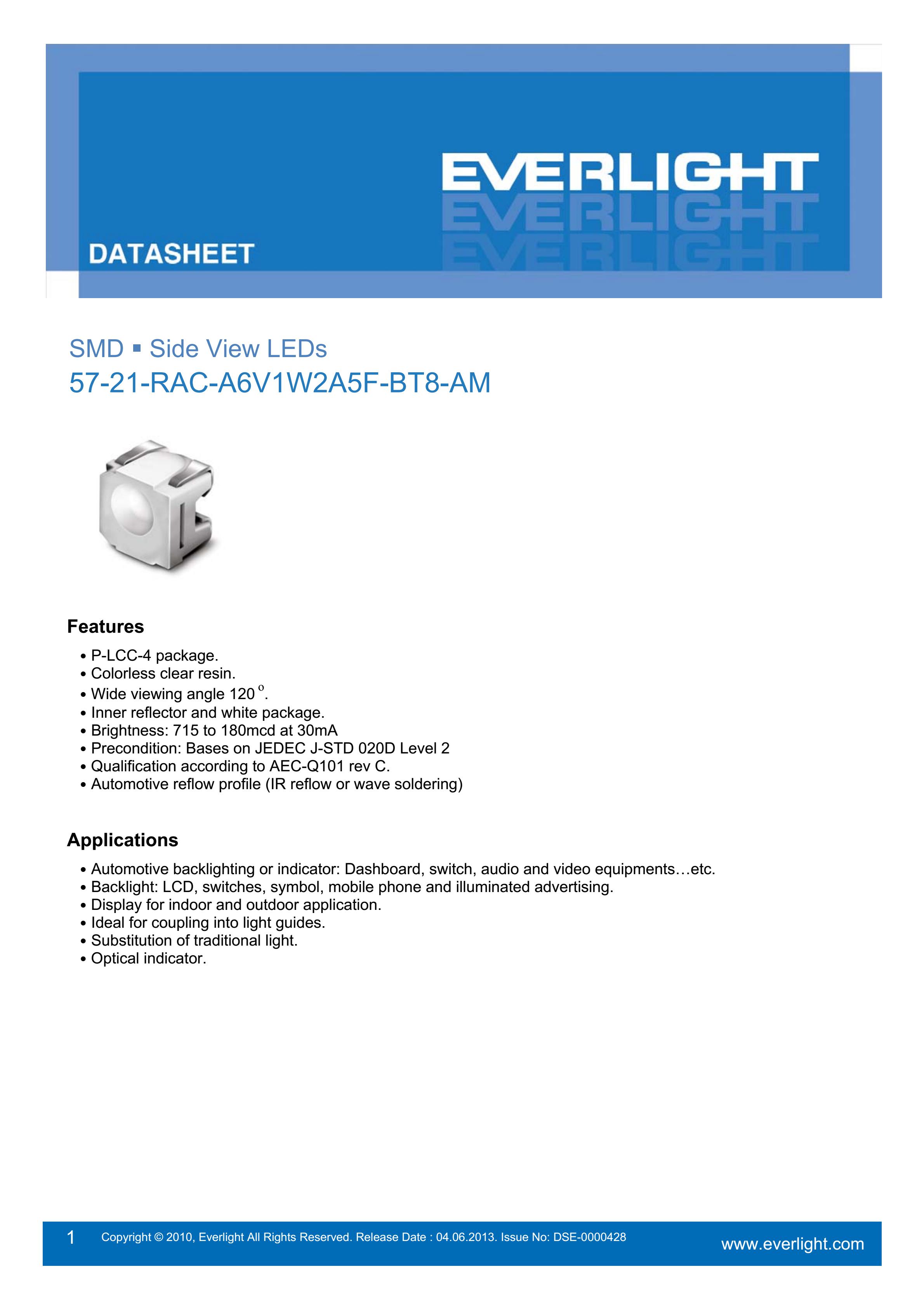 亿光贴片汽车专用灯珠57-21-RAC-A6V1W2A5F-BT8-AM红光规格书PDF（数据表）