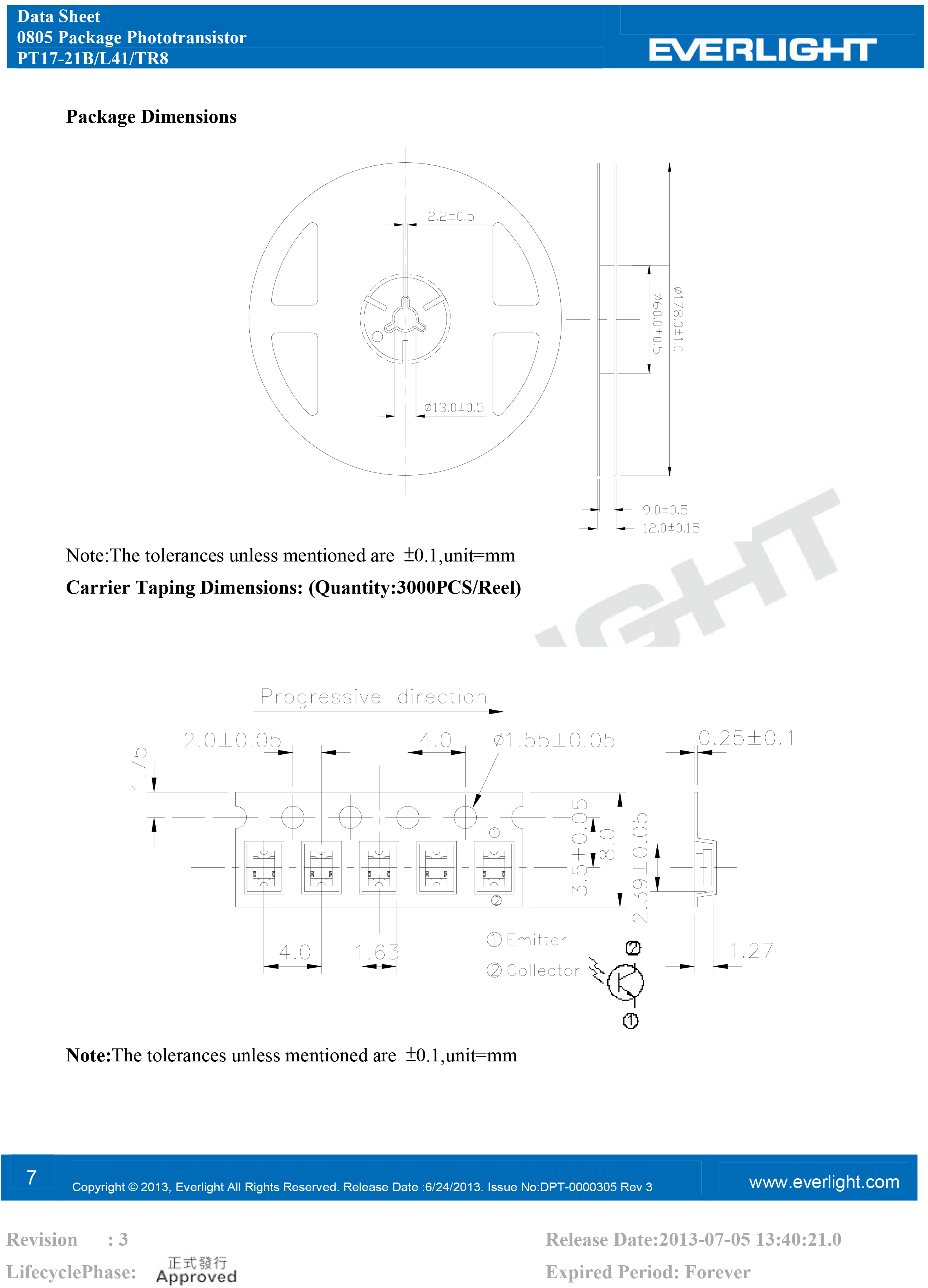 亿光贴片0805接收管PT17-21B/L41/TR8规格书PDF（数据表）