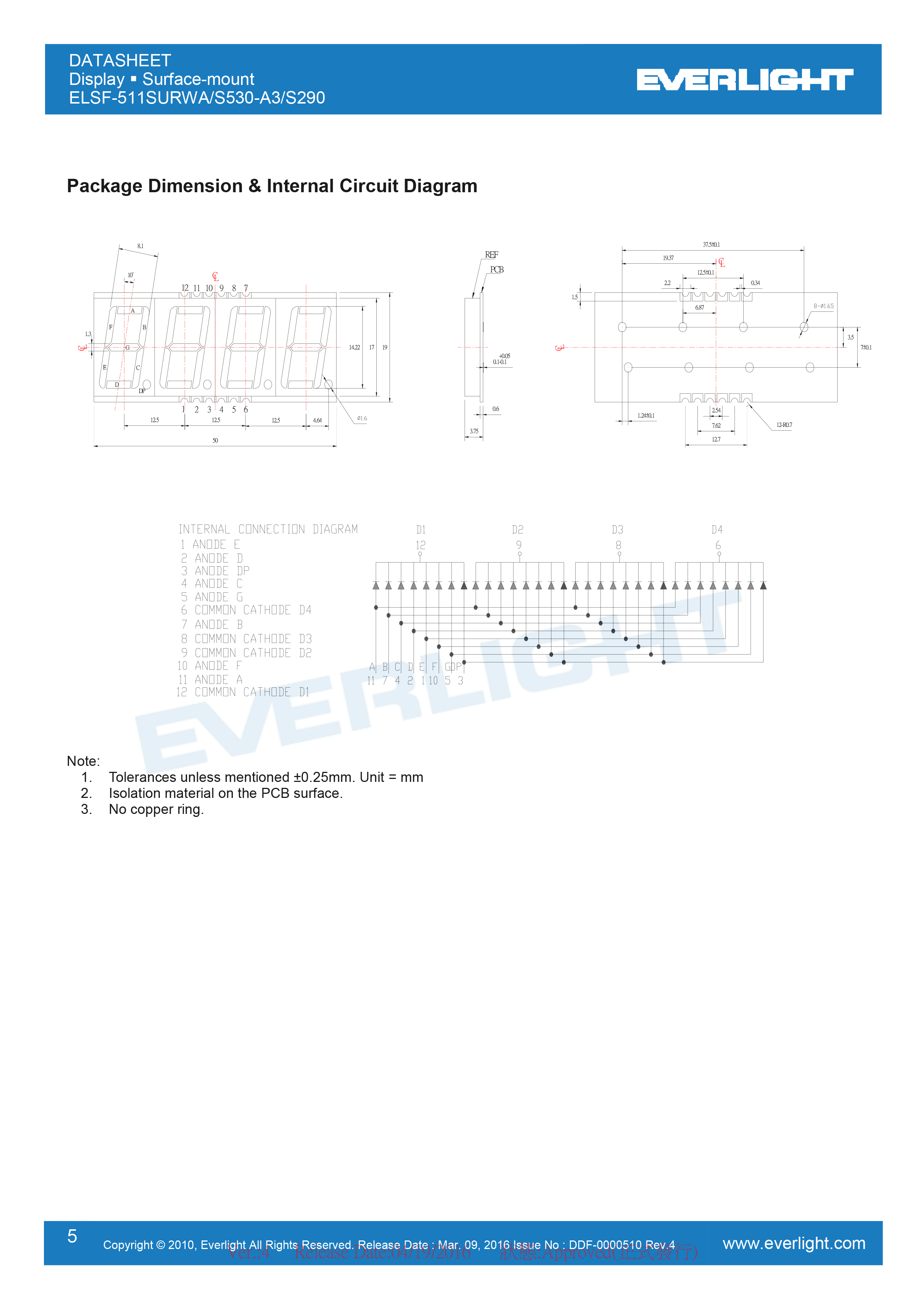 亿光四位贴片数码管ELSF-511SURWA-S530/A3-S290规格书PDF