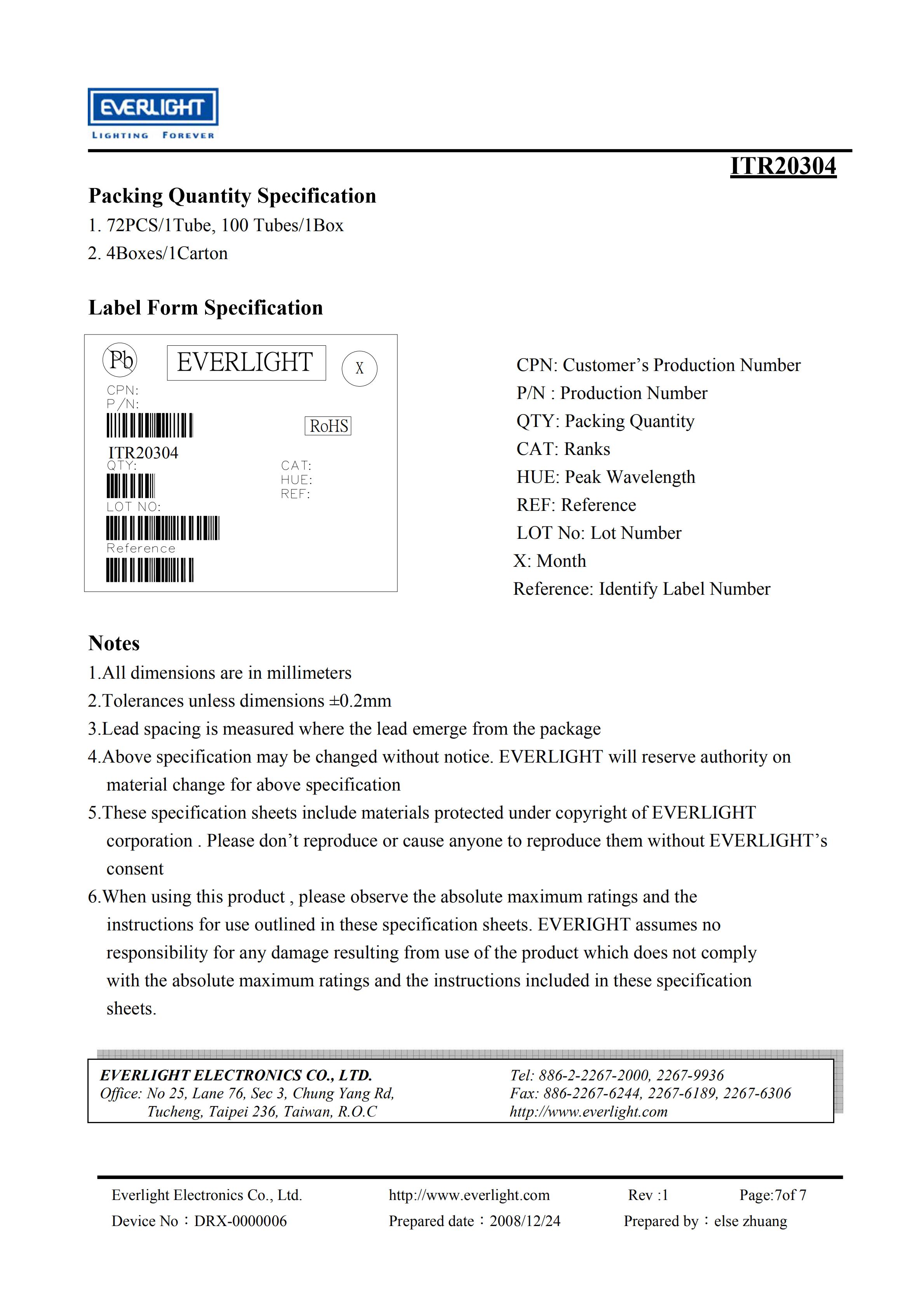 亿光反射式光电开关ITR20304开关传感器参数及规格书(PDF 数据表)