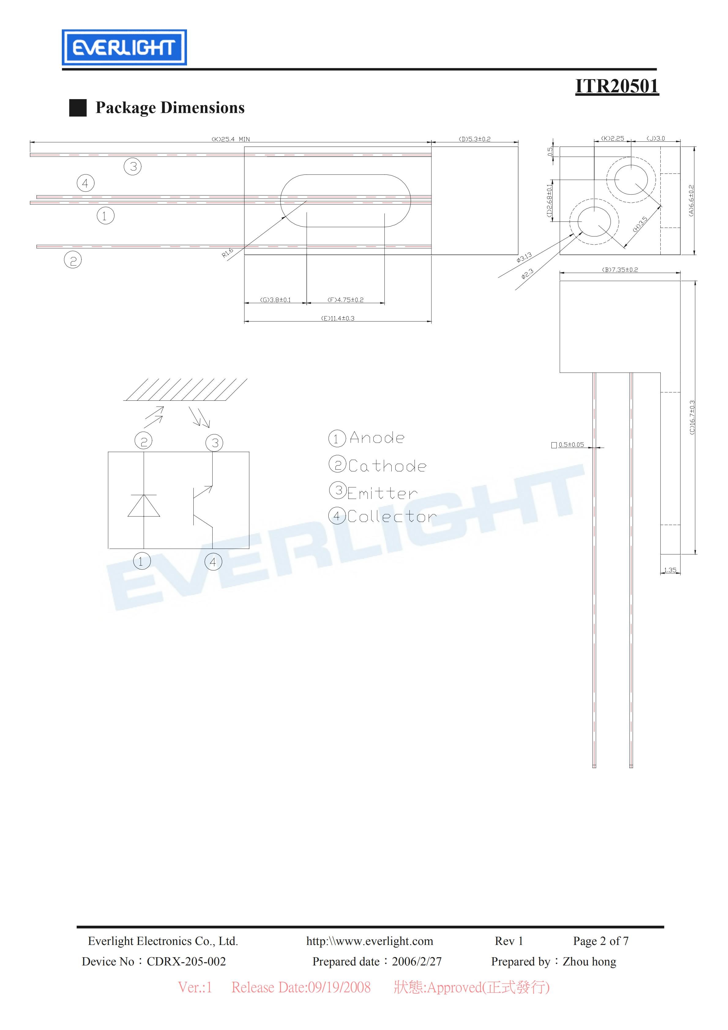 亿光反射式光电开关ITR20501开关传感器参数及规格书(PDF 数据表)