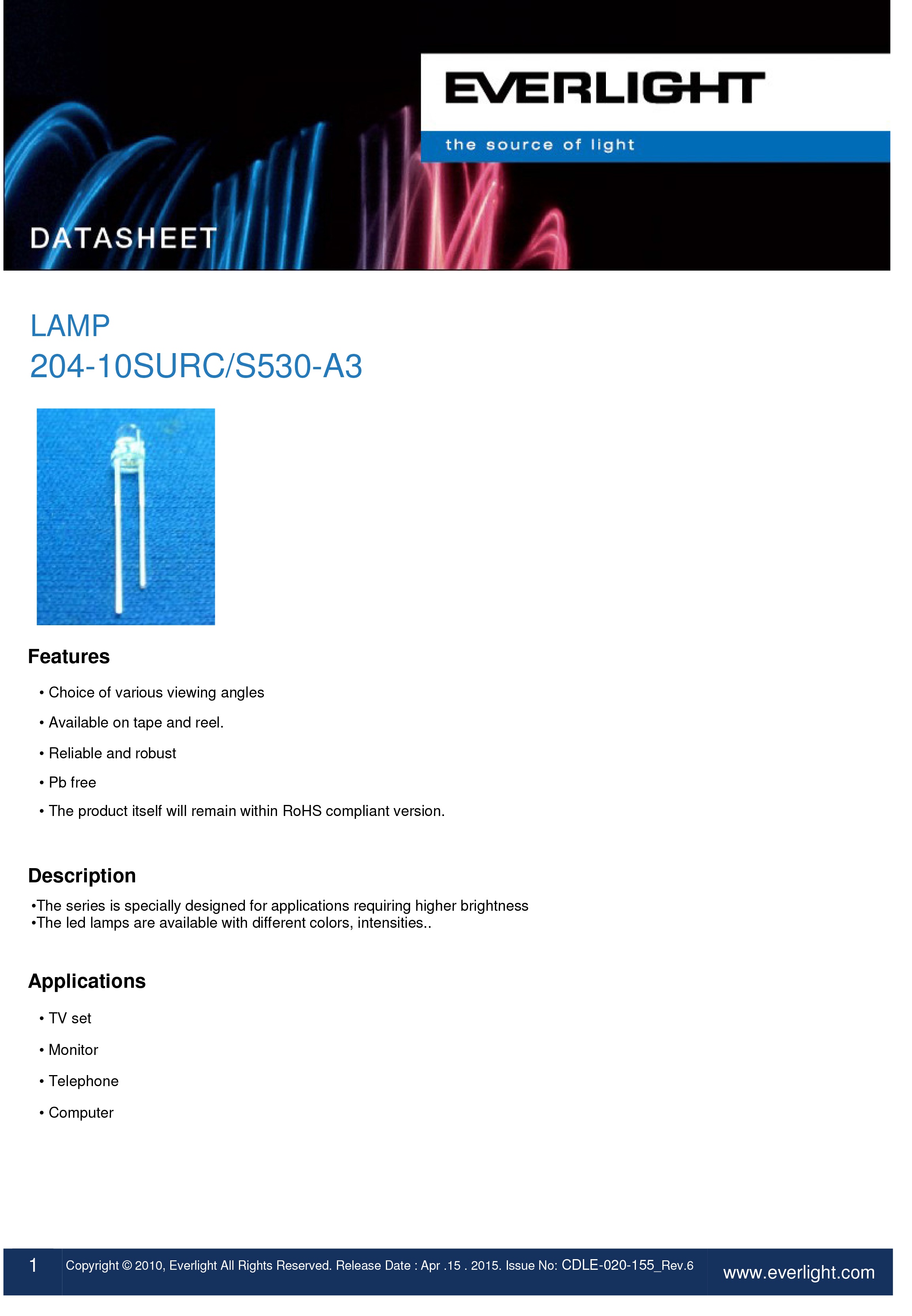 亿光直插3mm发光二级管204-10SURC/S530-A3规格书PDF（数据表）