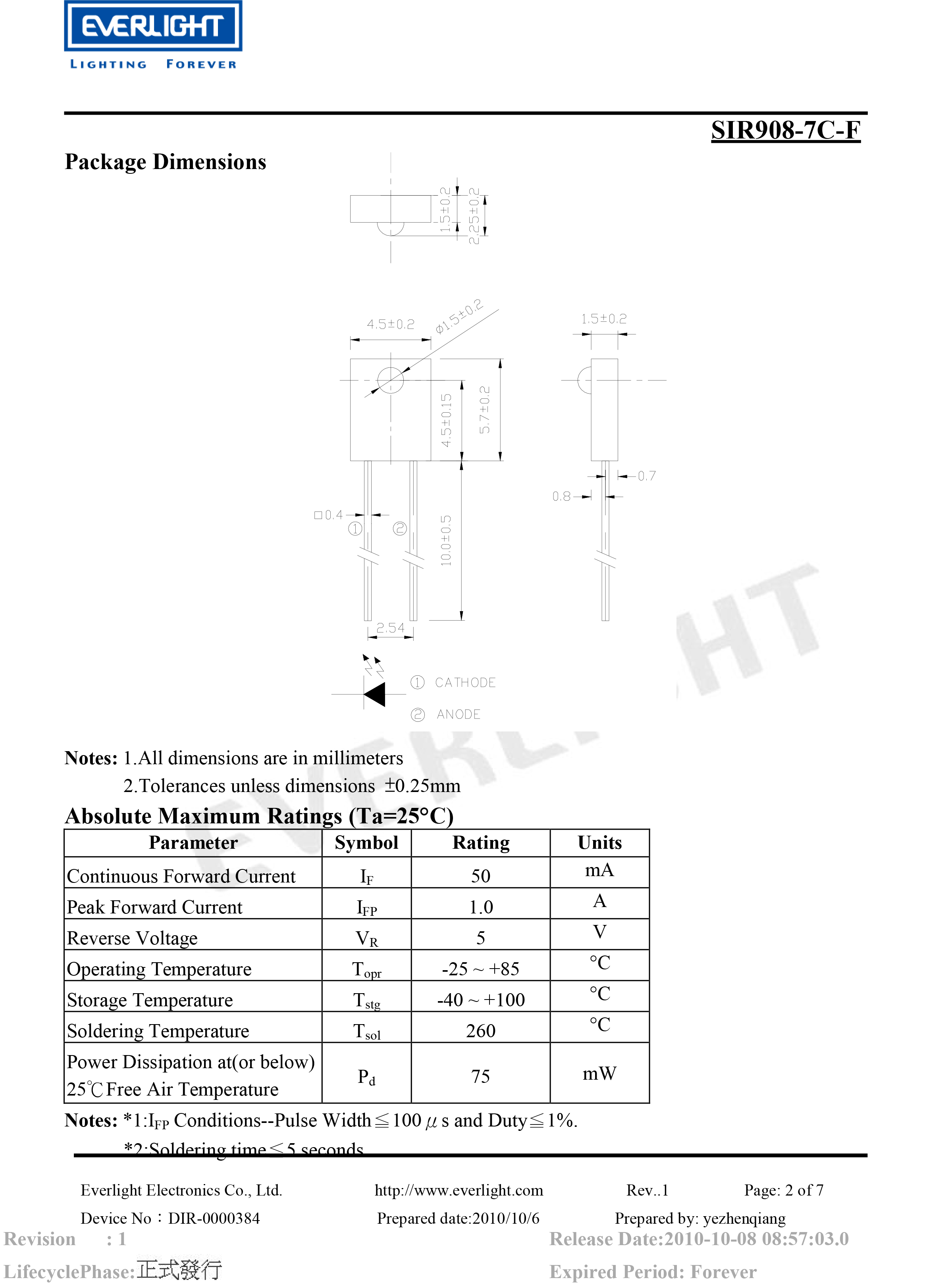 亿光侧面直插红外发射管SIR908-7C-F规格书PDF