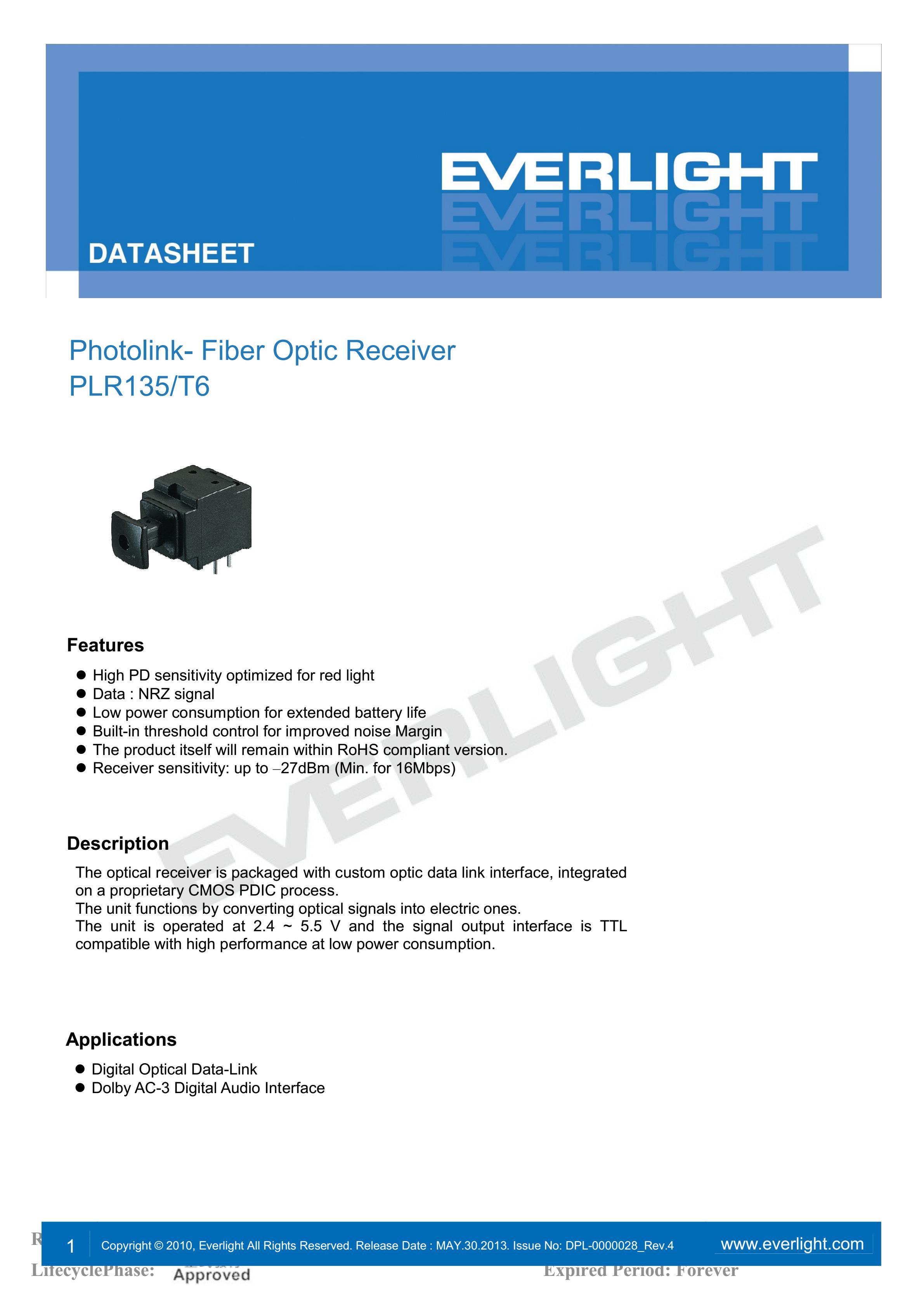 亿光光纤接收器PLR135/T6传输器参数及规格书(PDF 数据表)