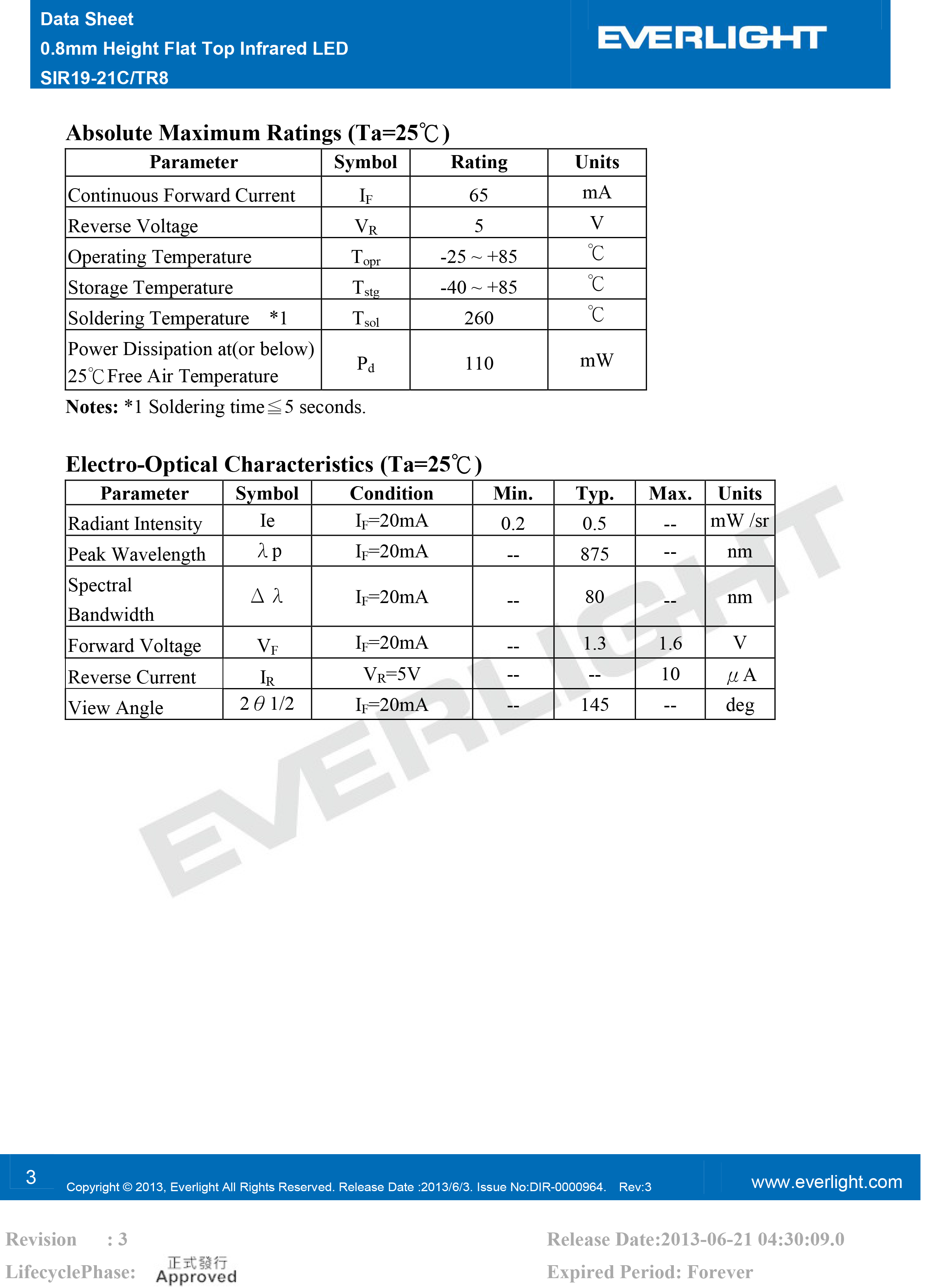 亿光贴片0603红外发射管875nm SIR19-21C/TR8规格书PDF