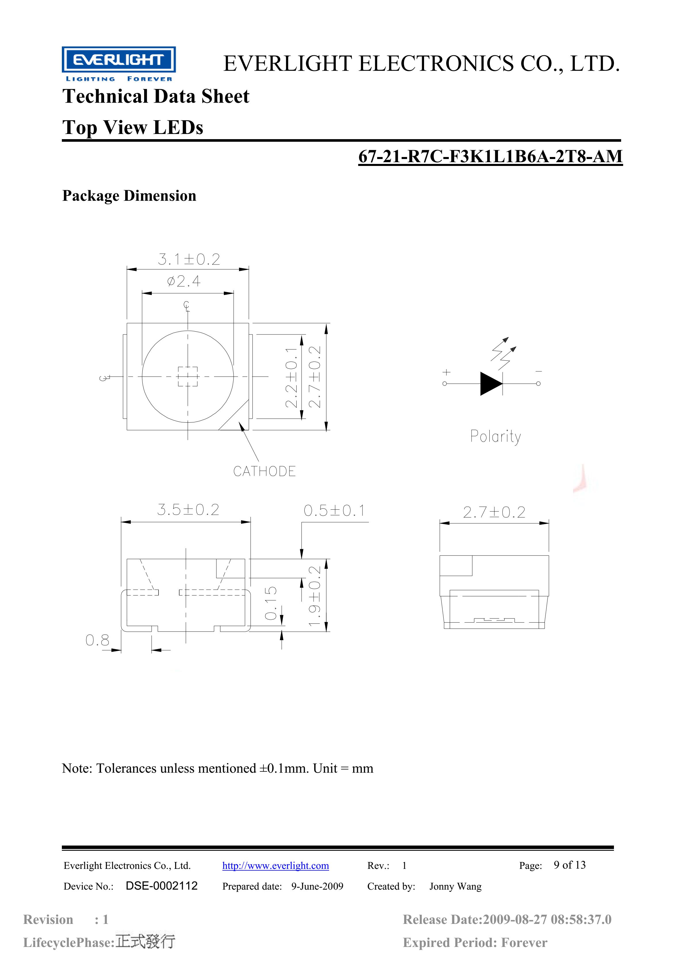 亿光贴片3528汽车专用灯珠67-21-R7C-F3K1L1B6A-2T8-AM红光规格书PDF（数据表）