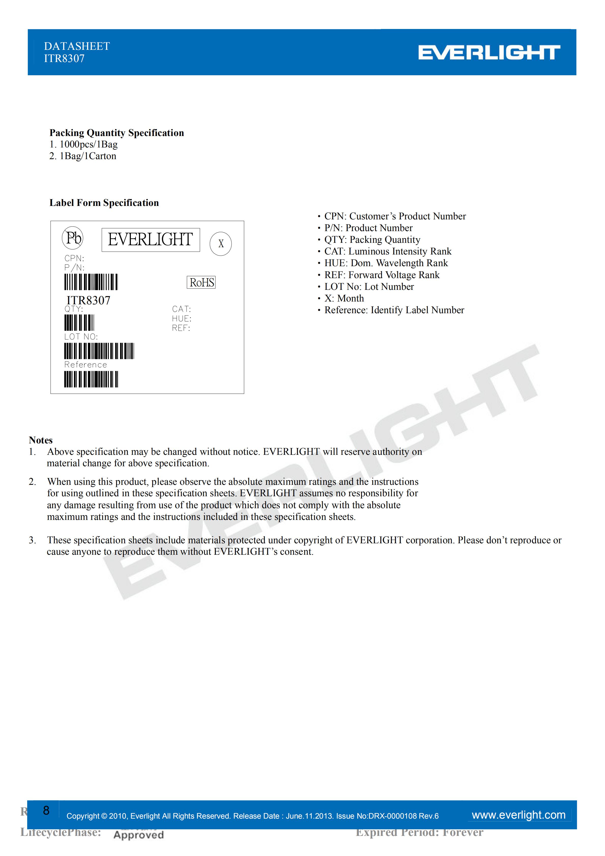 亿光插件反射式光电开关ITR8307传感器参数及规格书(PDF 数据表)