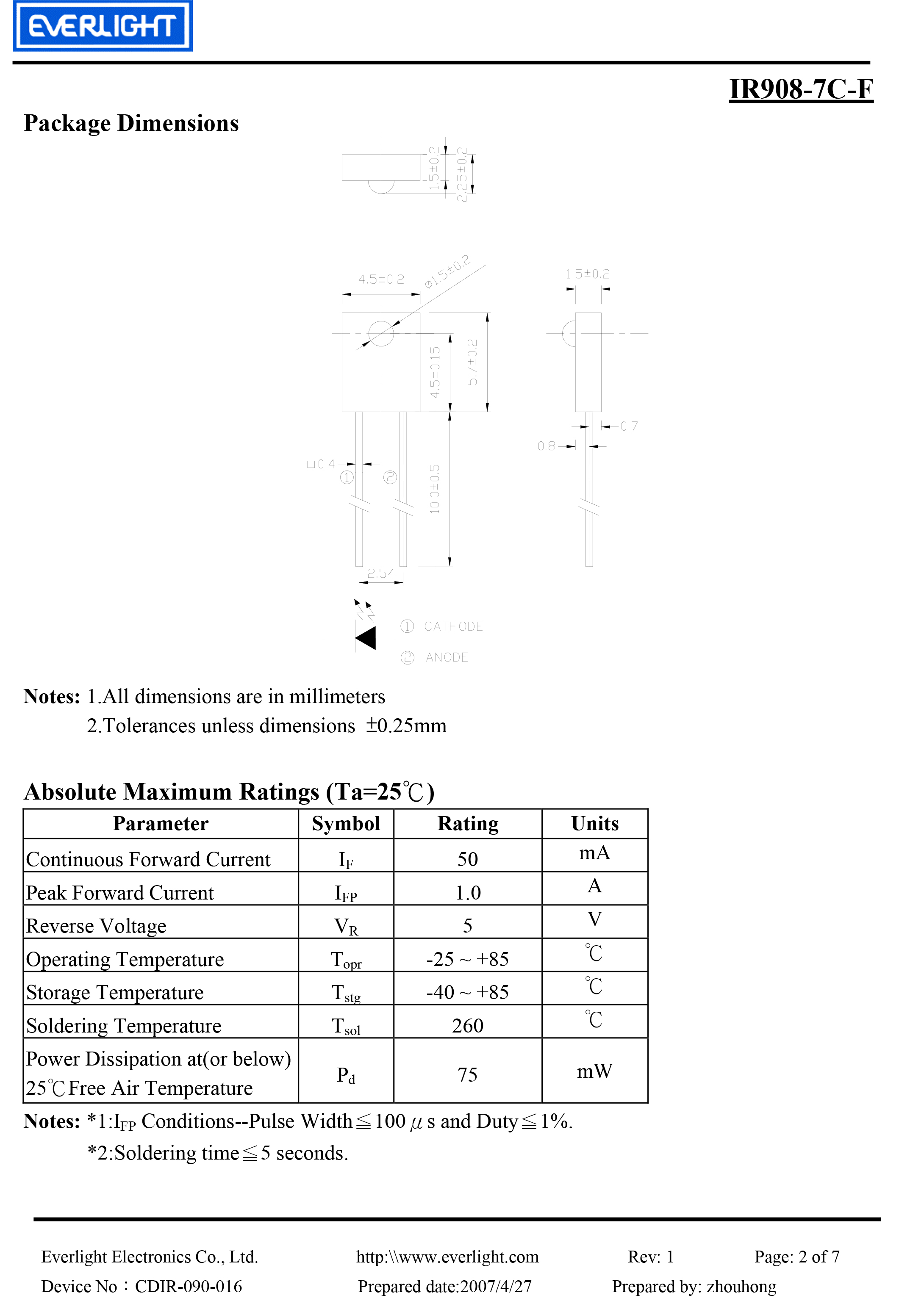 亿光侧面直插红外发射管IR908-7C-F规格书PDF