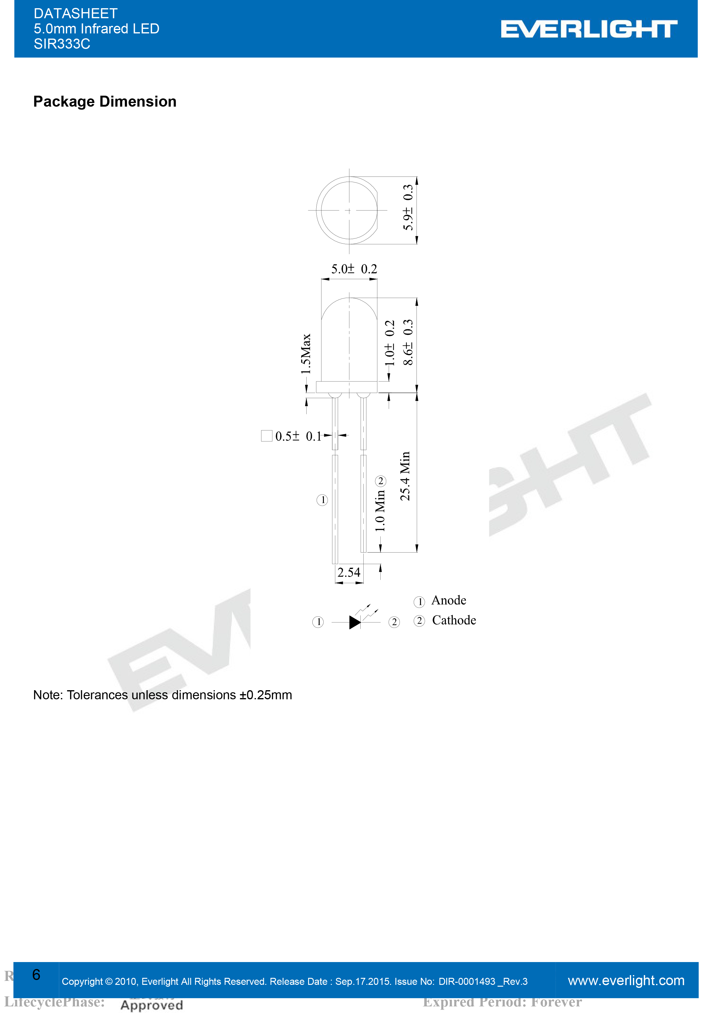 亿光5mm直插红外发射管SIR333C规格书PDF