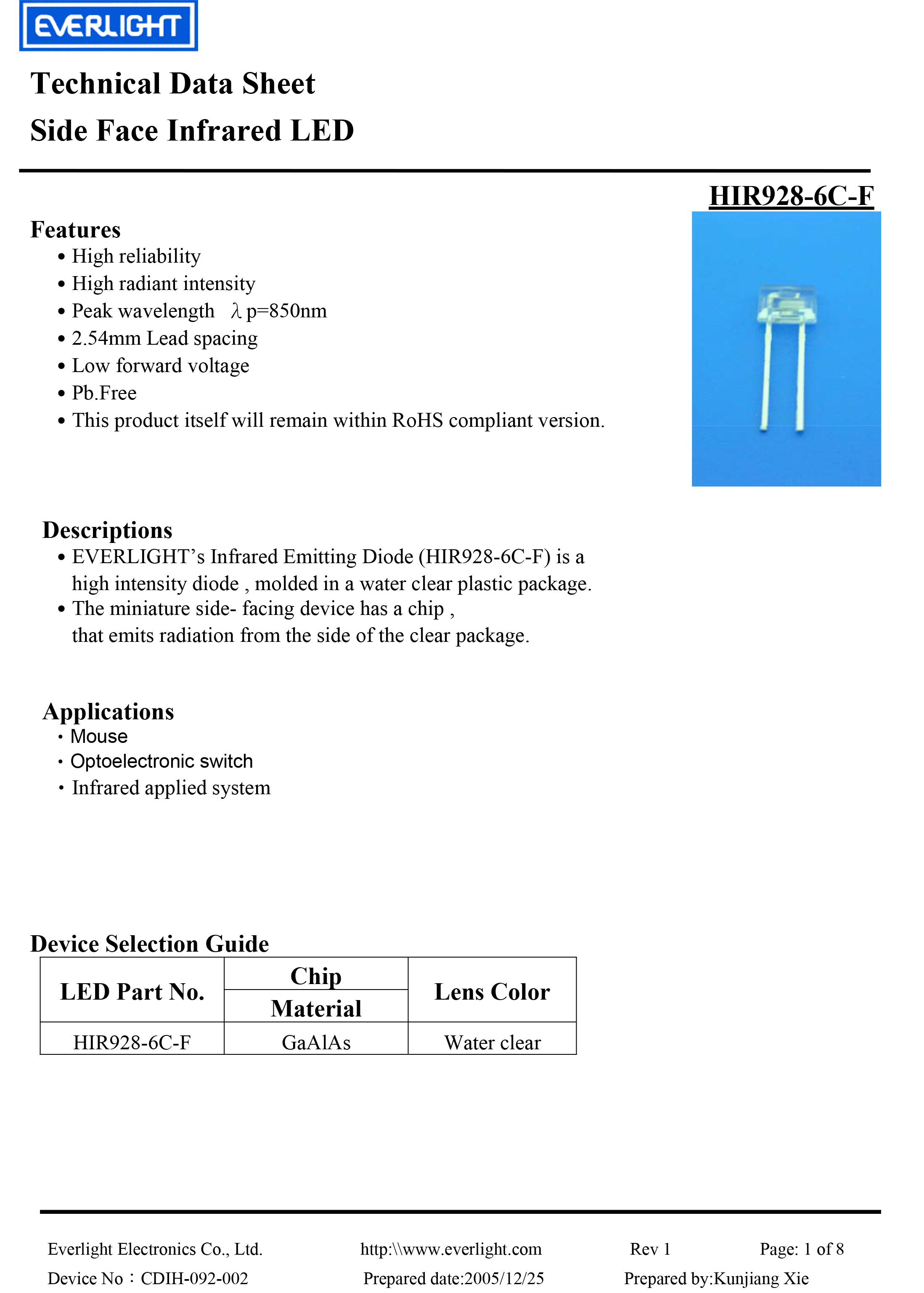 亿光侧面直插红外发射管HIR928-6C-F规格书PDF