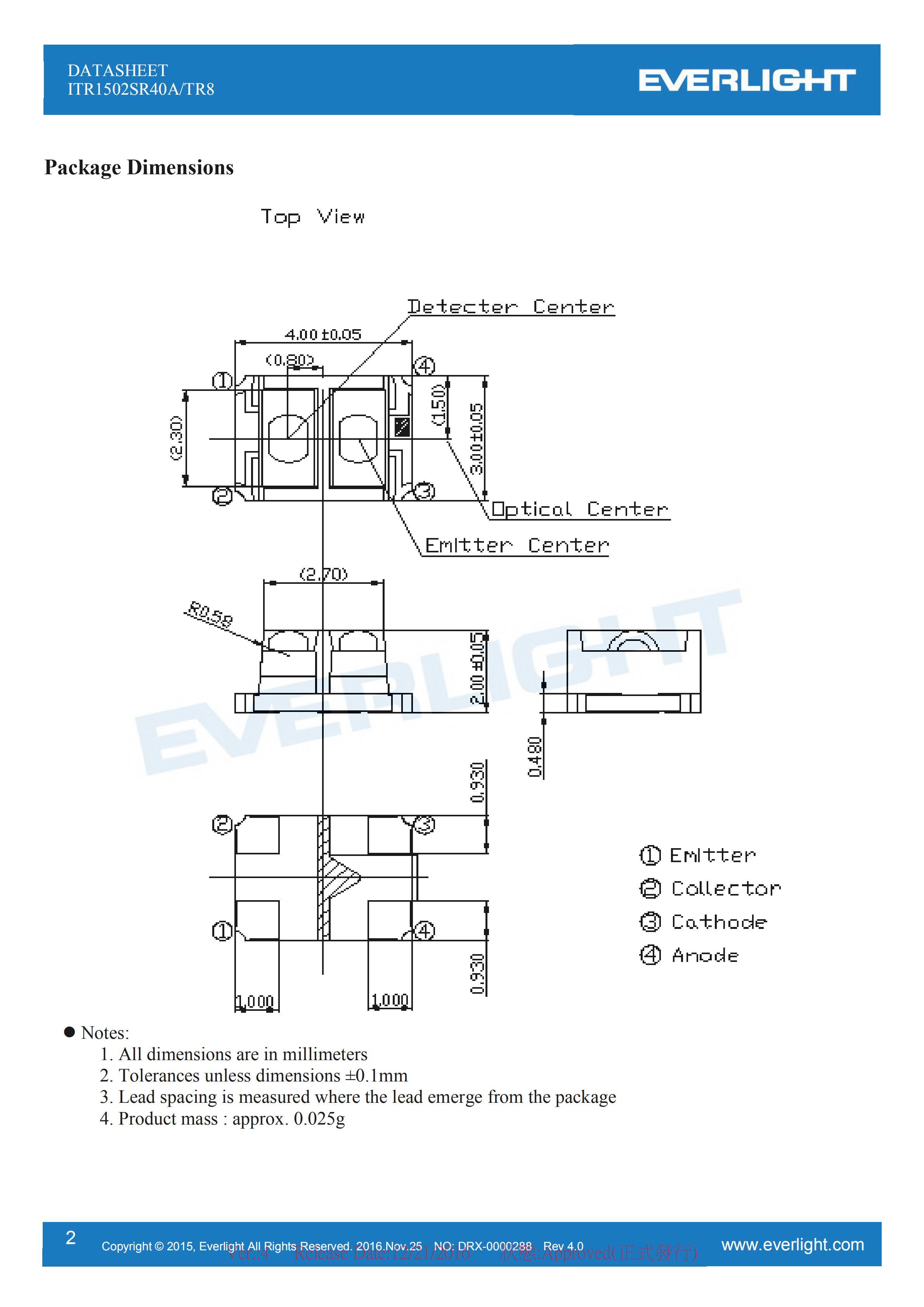 亿光反射式光电开关ITR1502SR40A/TR8贴片光电传感器参数及规格书(PDF 数据表)