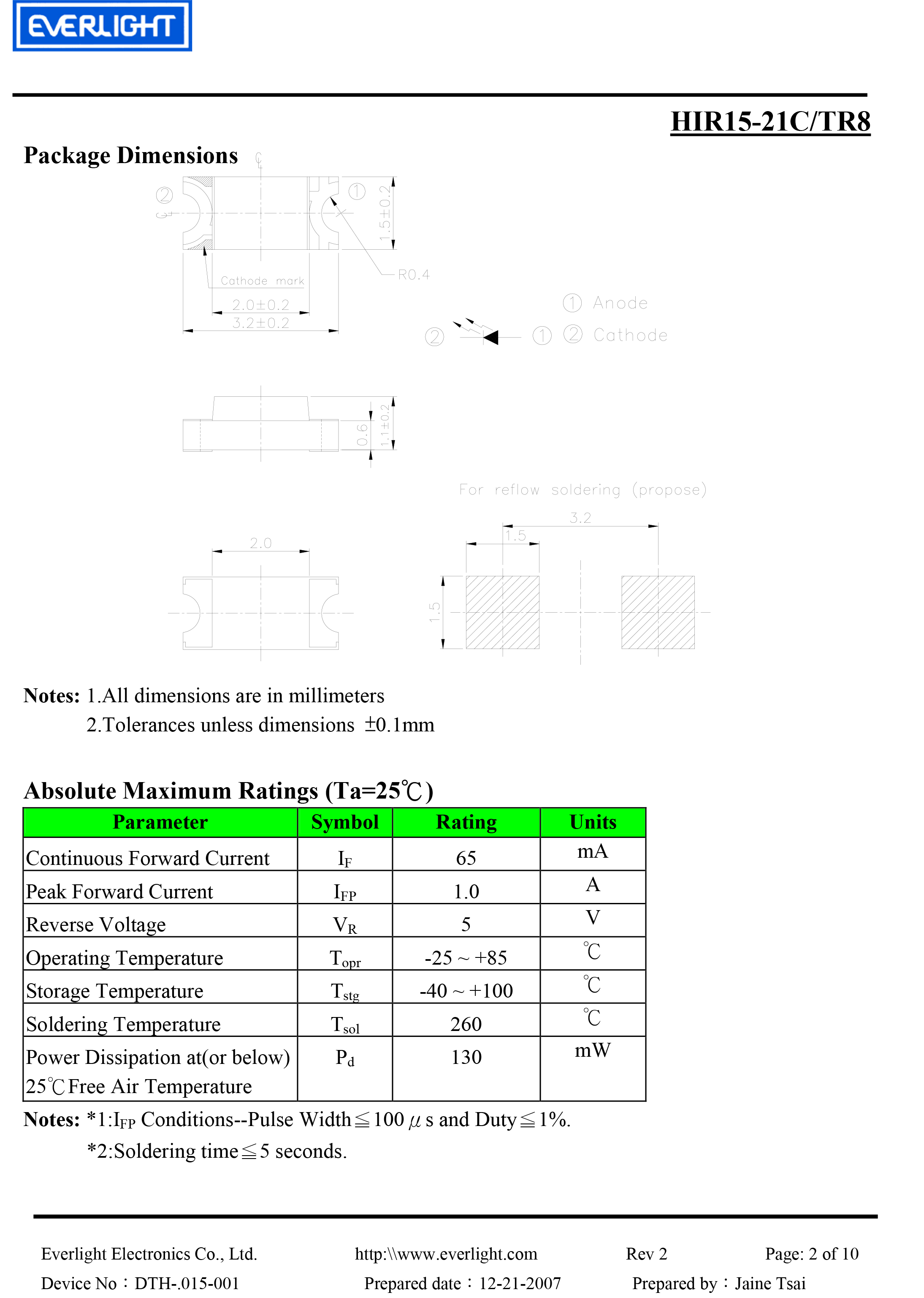 亿光贴片1206红外发射管HIR15-21C/TR8规格书PDF