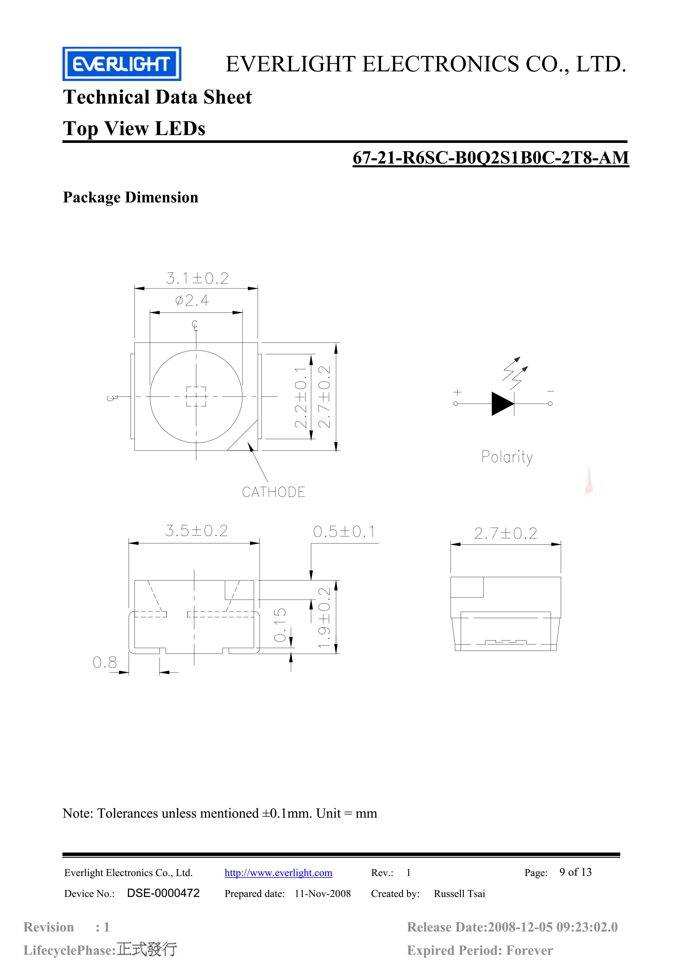 亿光贴片3528汽车专用灯珠67-21-R6SC-B0Q2S1B0C-2T8-AM红光规格书PDF（数据表）