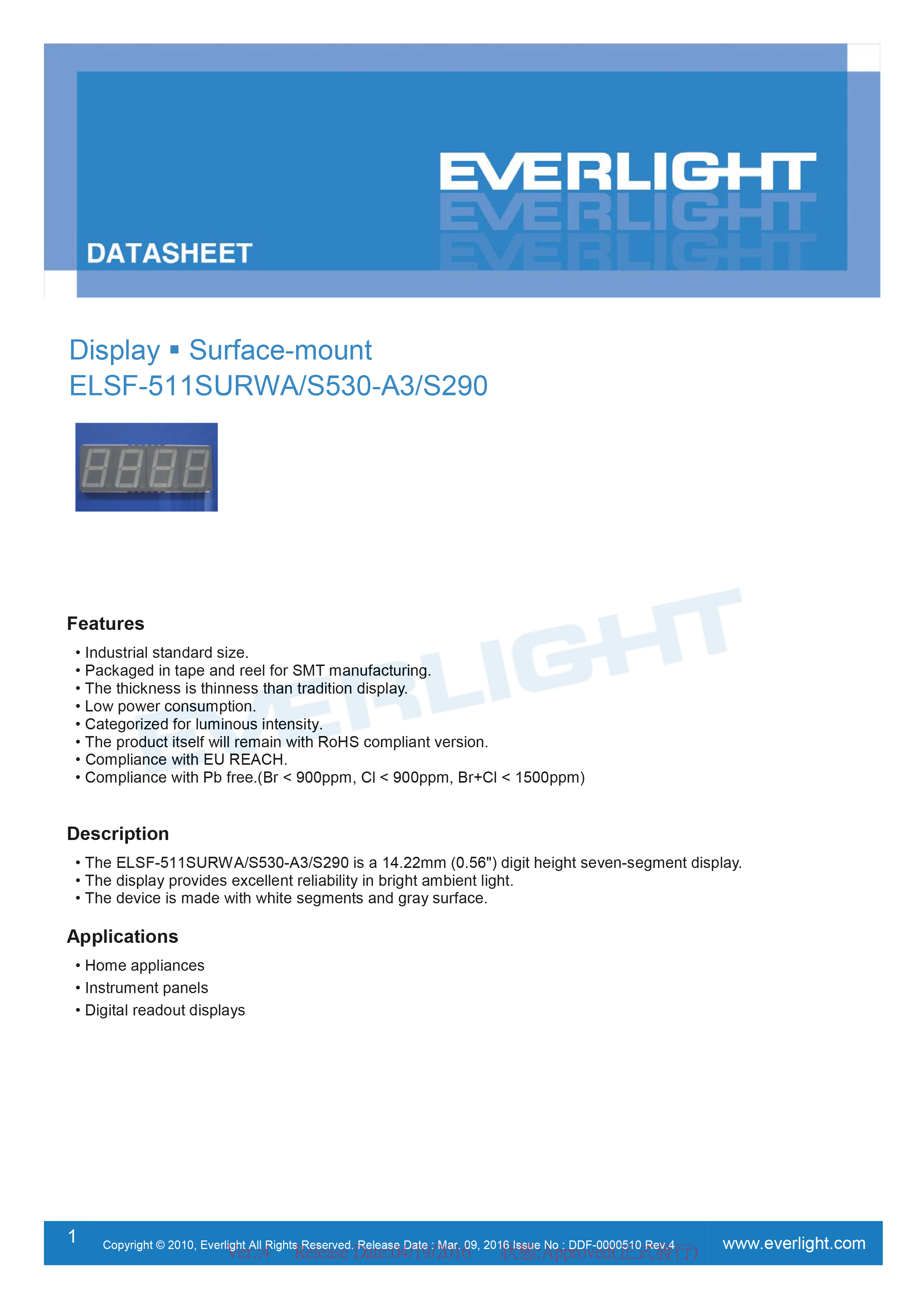 亿光四位贴片数码管ELSF-511SURWA-S530/A3-S290规格书PDF