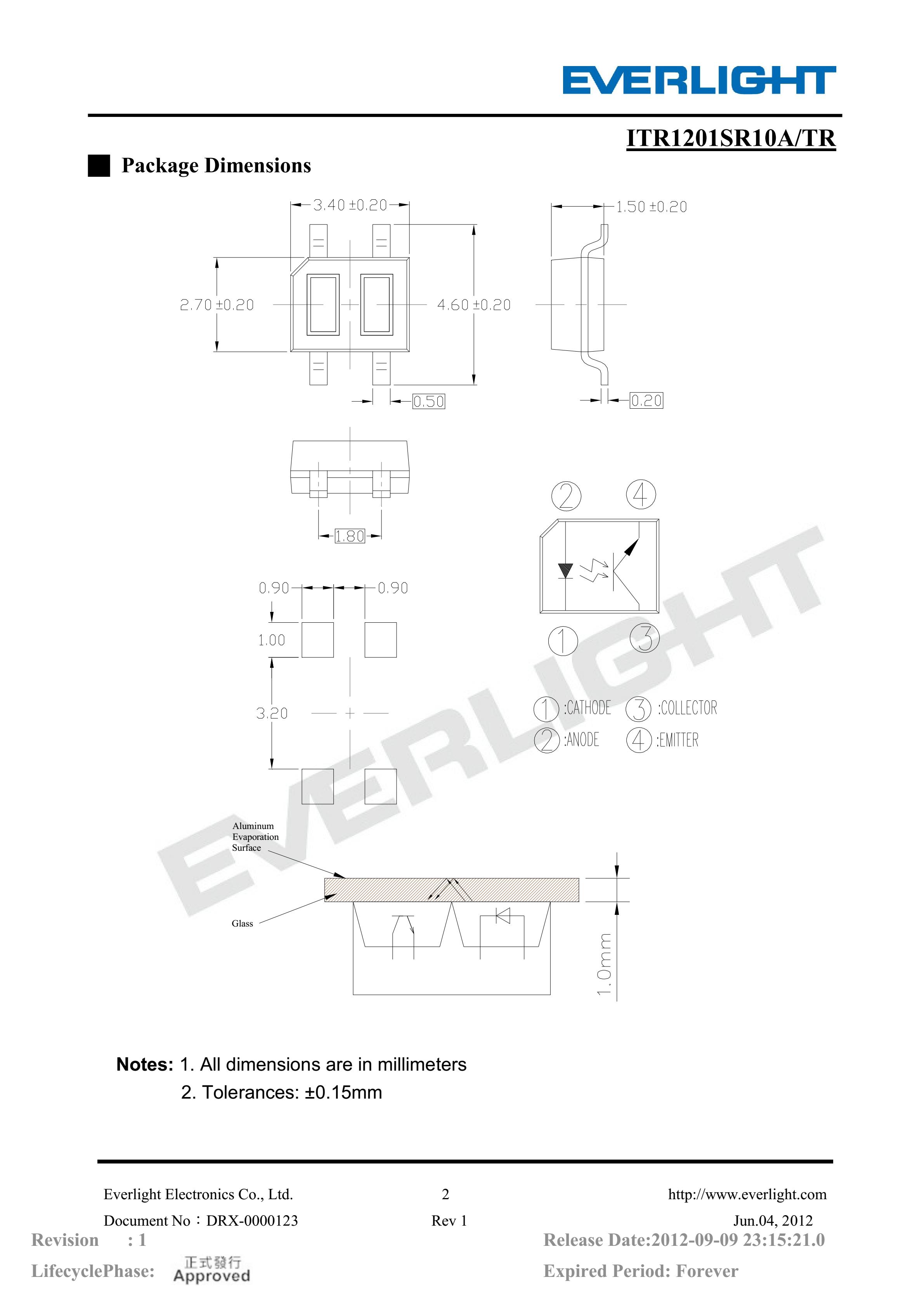 亿光贴片反射式光电开关ITR1201SR10A/TR参数及规格书(PDF 数据表)