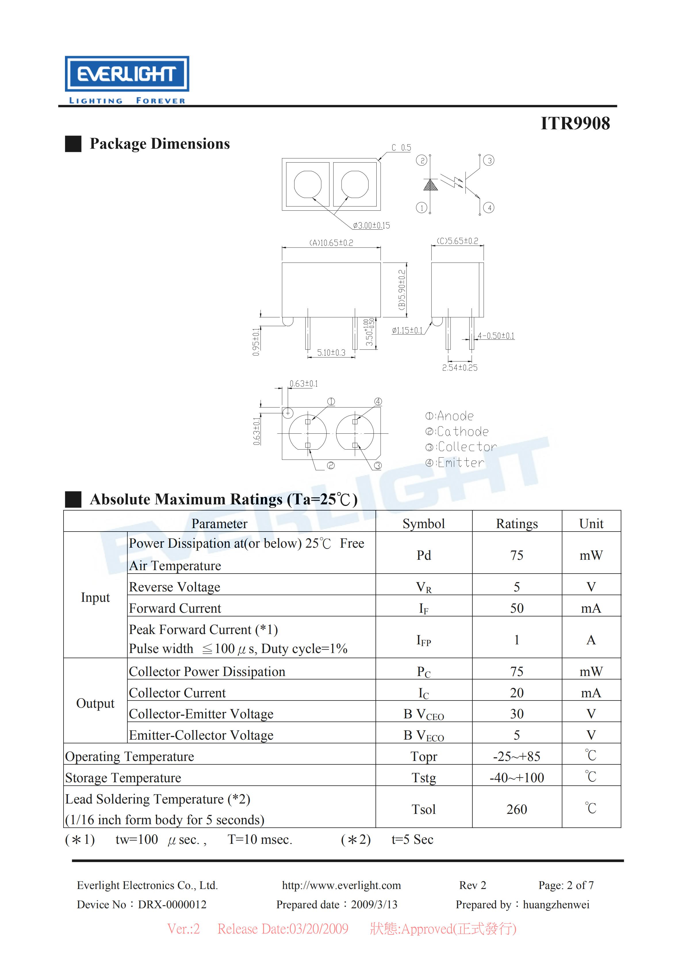 亿光反射式光电开关ITR9908开关传感器参数及规格书(PDF 数据表)