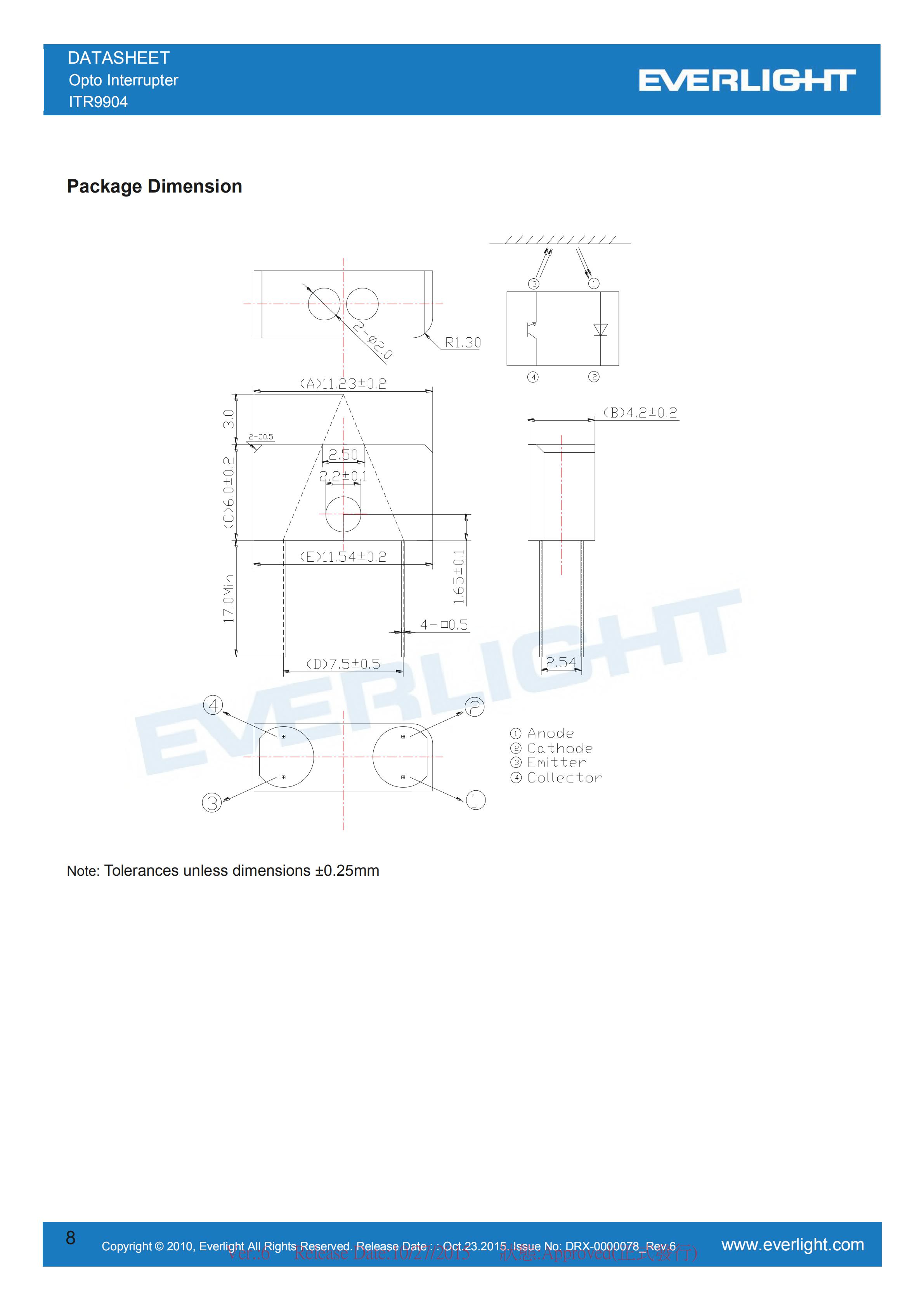 亿光反射式光电开关ITR9904开关传感器参数及规格书(PDF 数据表)