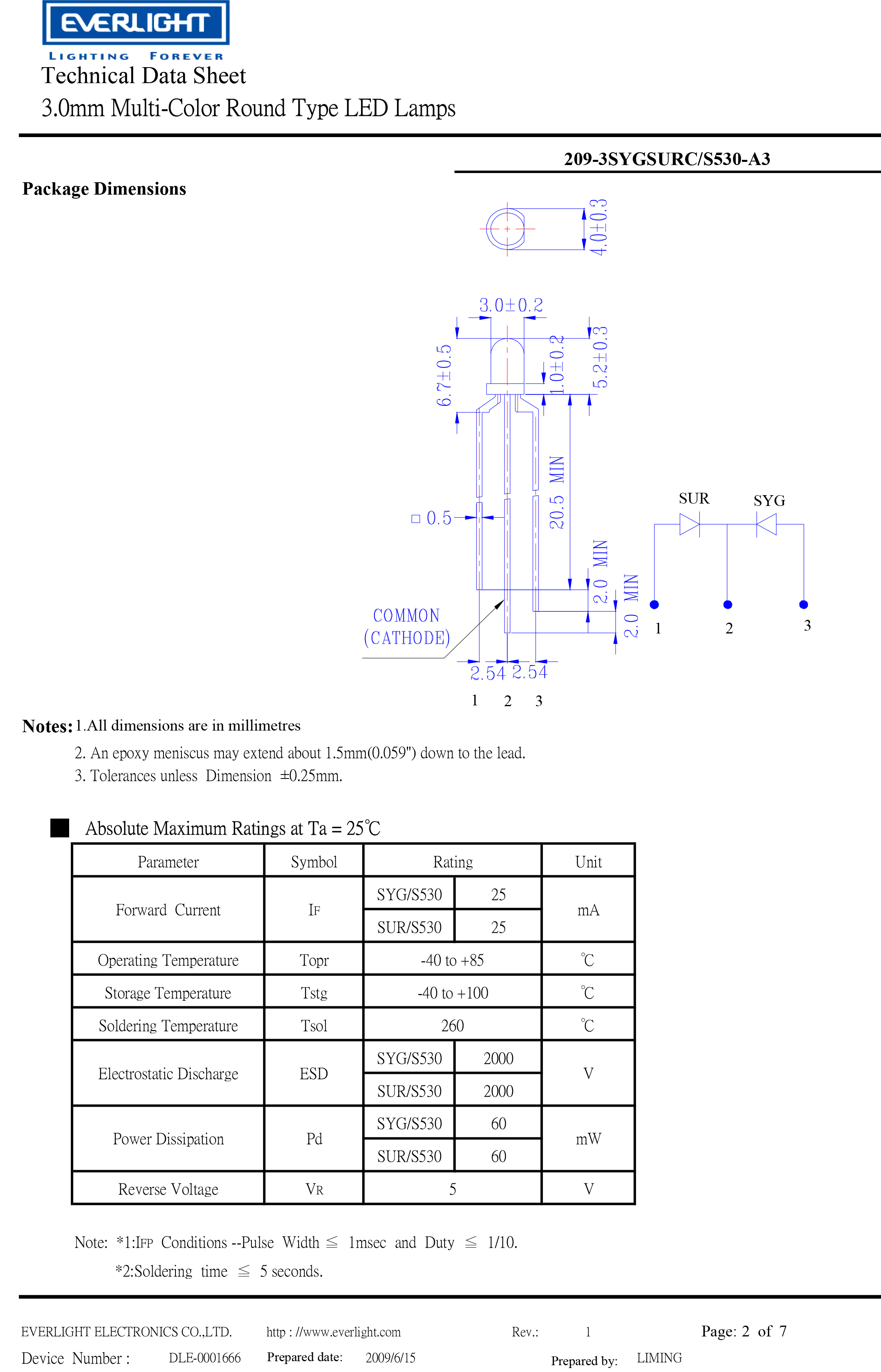 亿光3mm直插双色发光二级管209-3SYGSURC/S530-A3规格书PDF