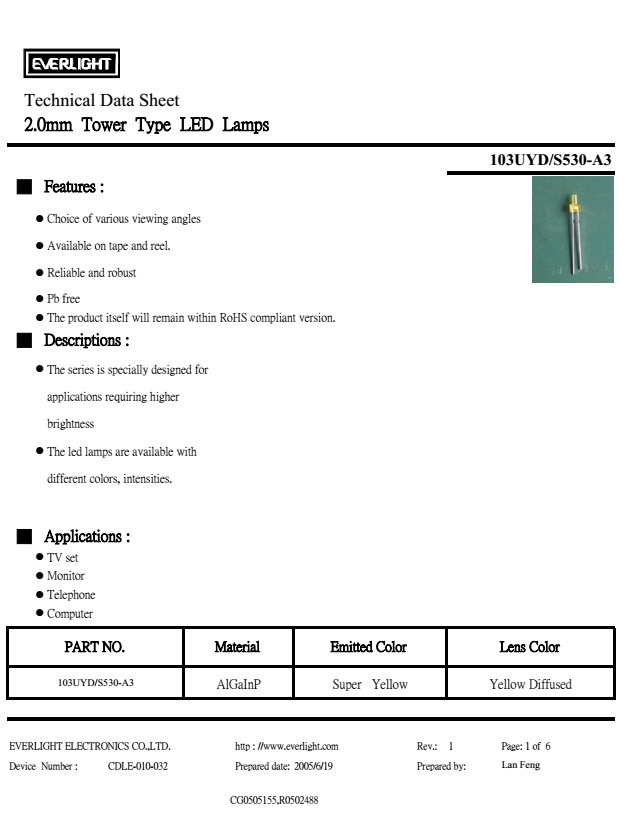 亿光直插2mm发光二极管103UYD-S530-A3数据表