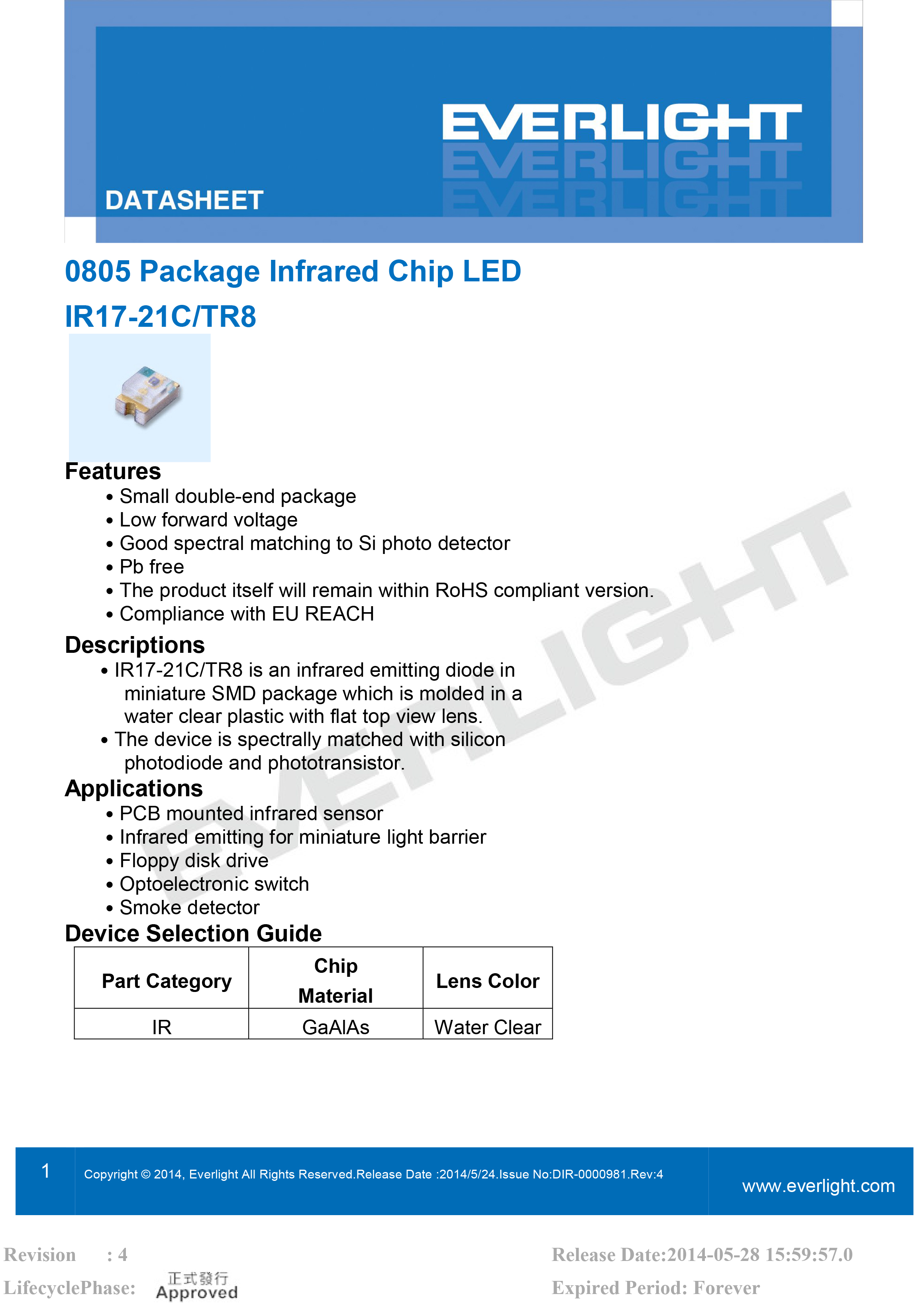 亿光贴片0805红外发射管940nm IR17-21C/TR8规格书PDF