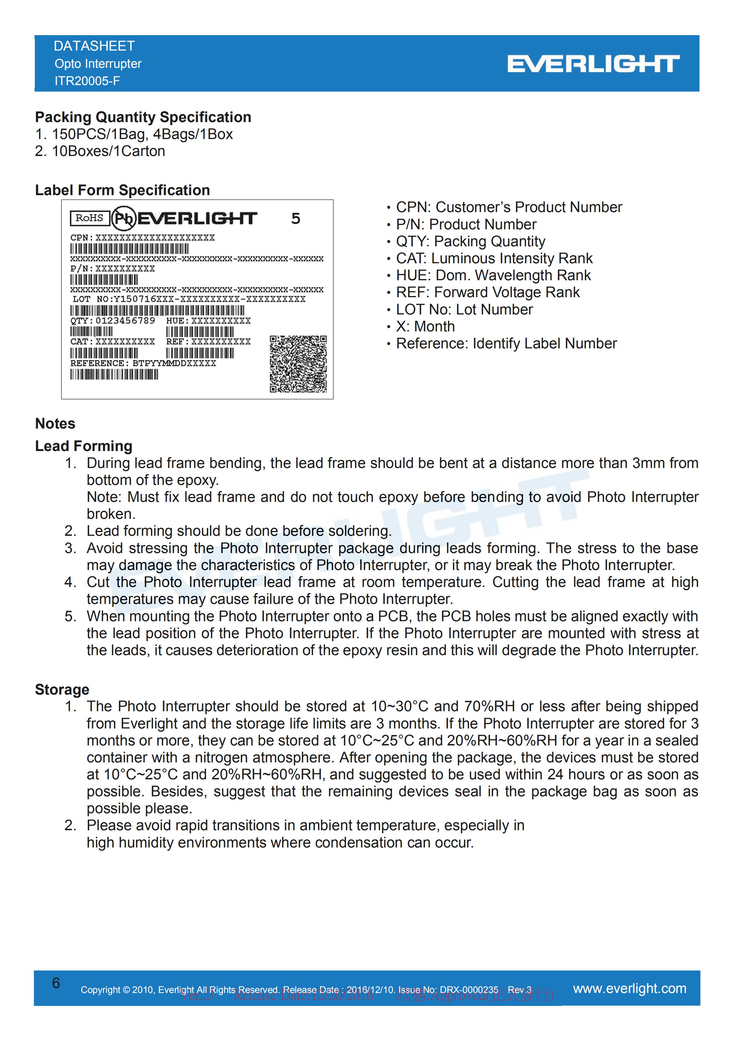 亿光槽型式光电开关ITR20005-F开关传感器参数及规格书(PDF 数据表)