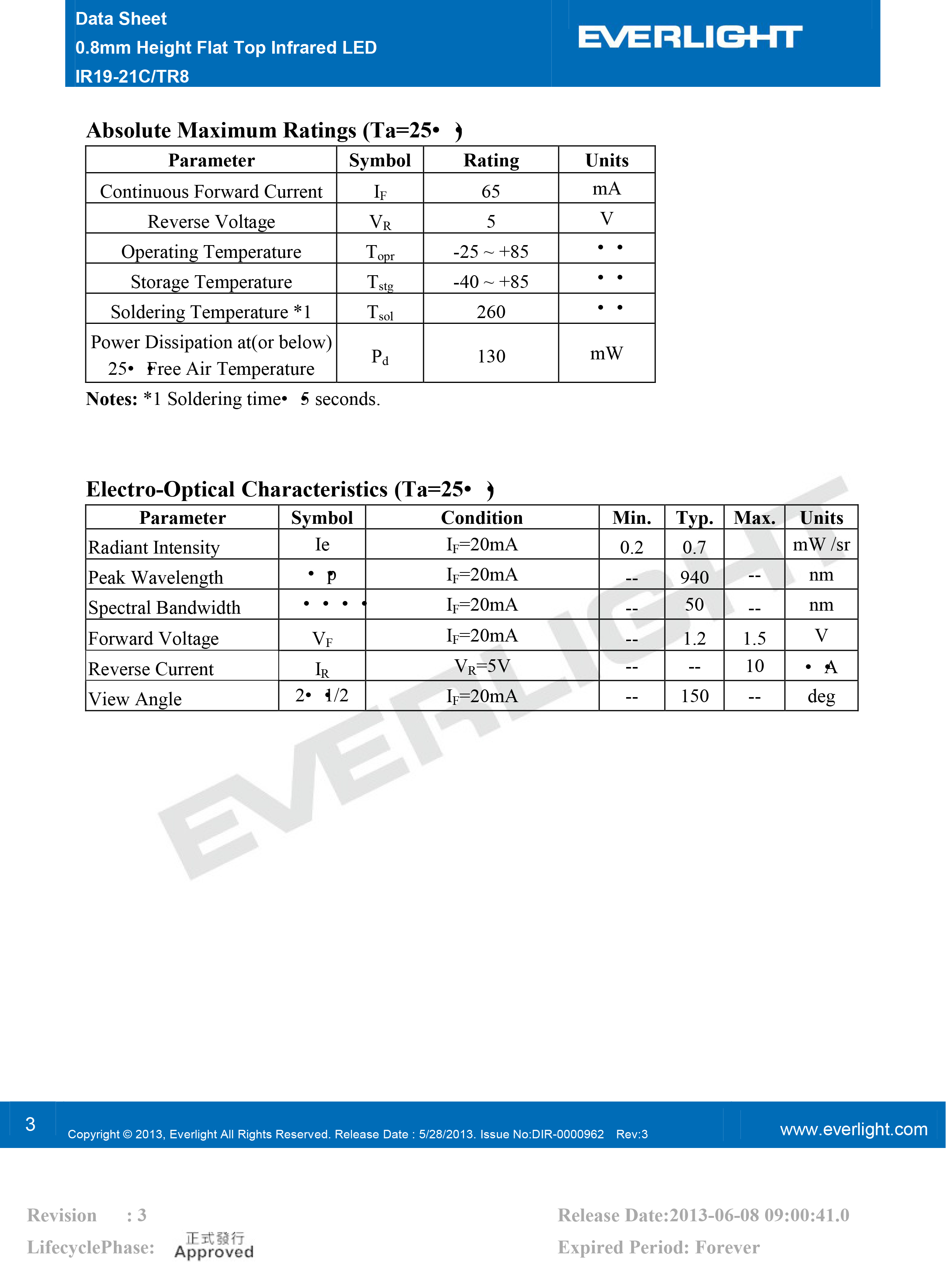 亿光贴片0603红外发射管IR19-21C/TR8规格书PDF