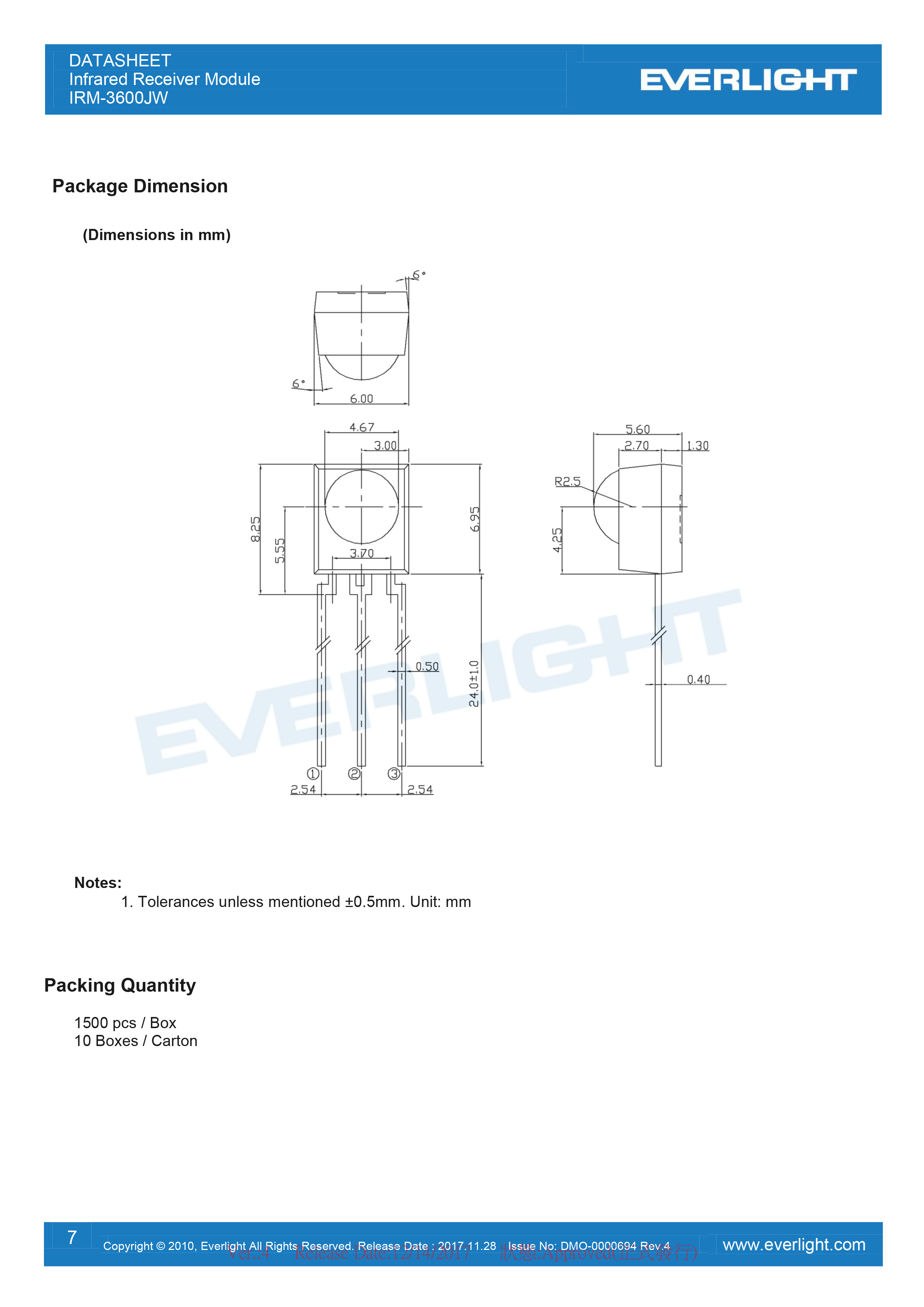 亿光红外变频接收头IRM-3600JW 规格书PDF