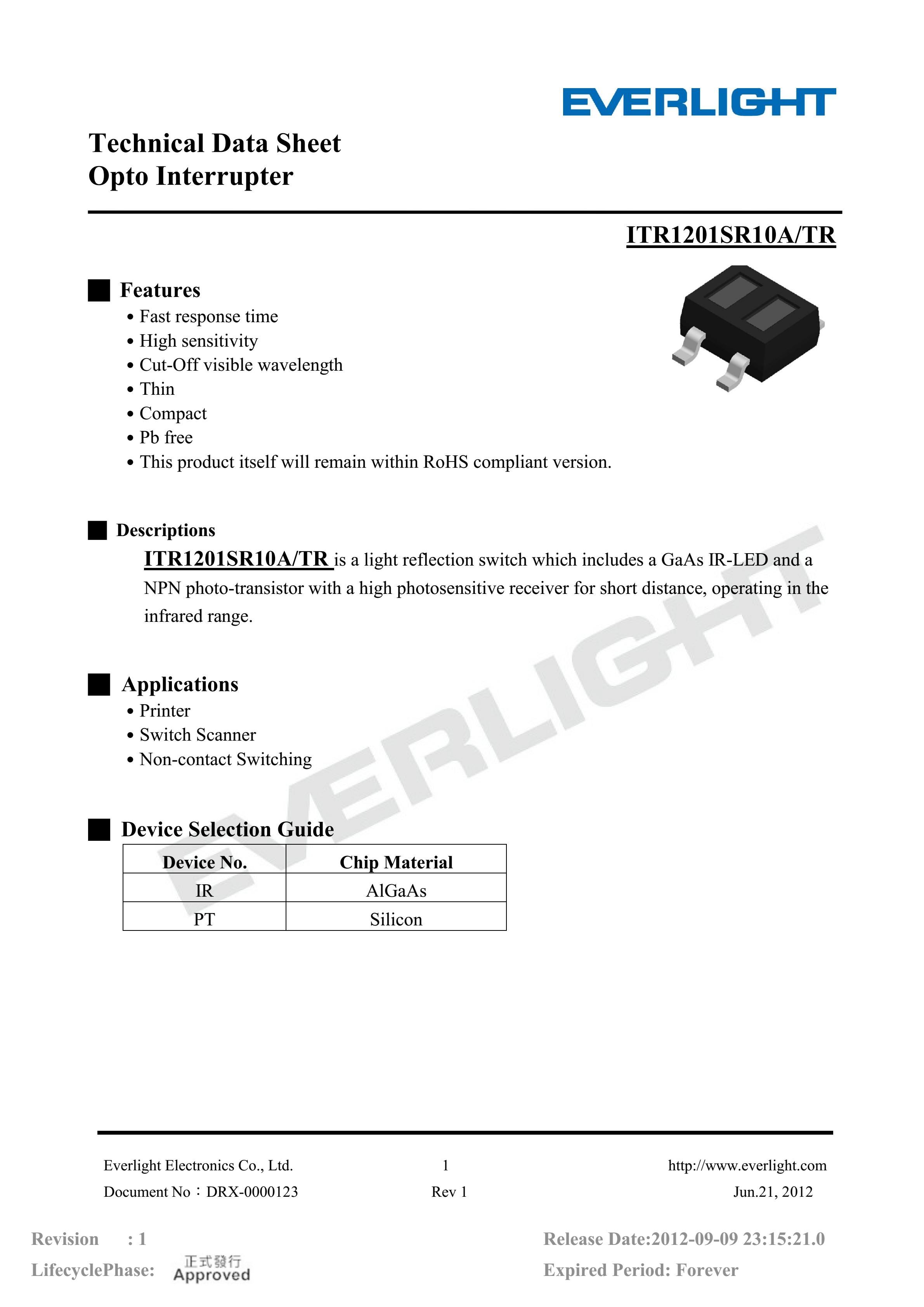 亿光贴片反射式光电开关ITR1201SR10A/TR参数及规格书(PDF 数据表)