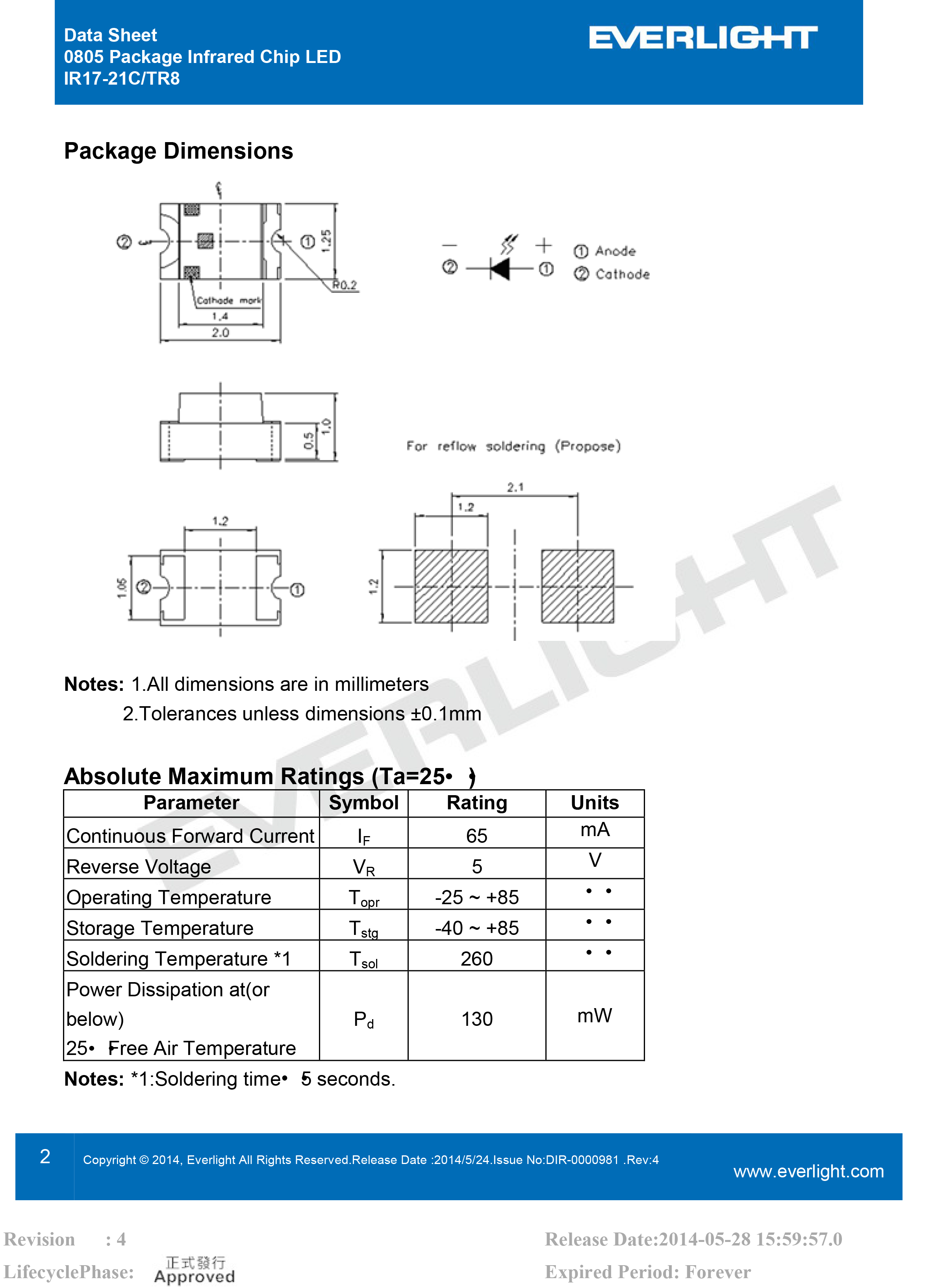 亿光贴片0805红外发射管940nm IR17-21C/TR8规格书PDF