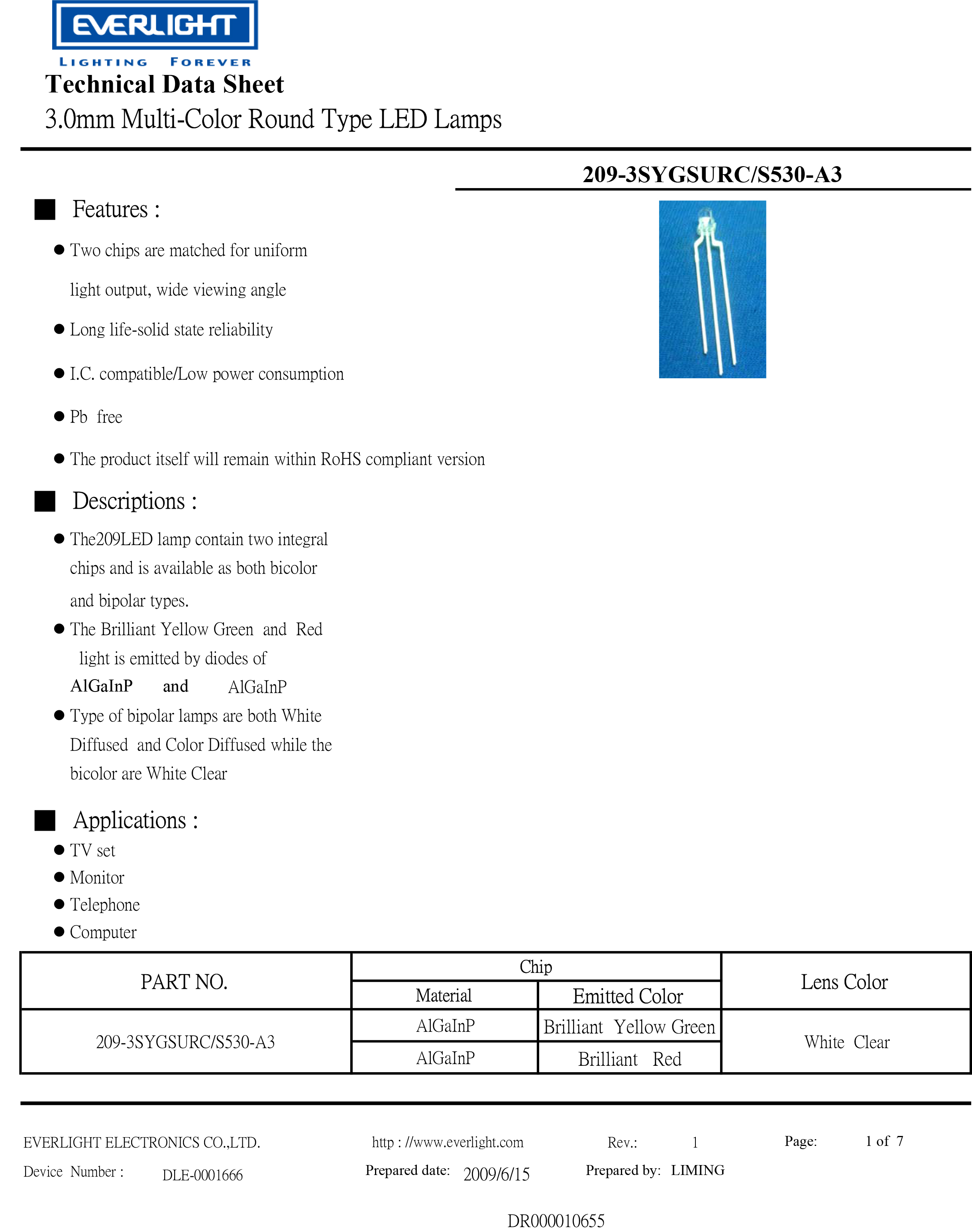 亿光3mm直插双色发光二级管209-3SYGSURC/S530-A3规格书PDF