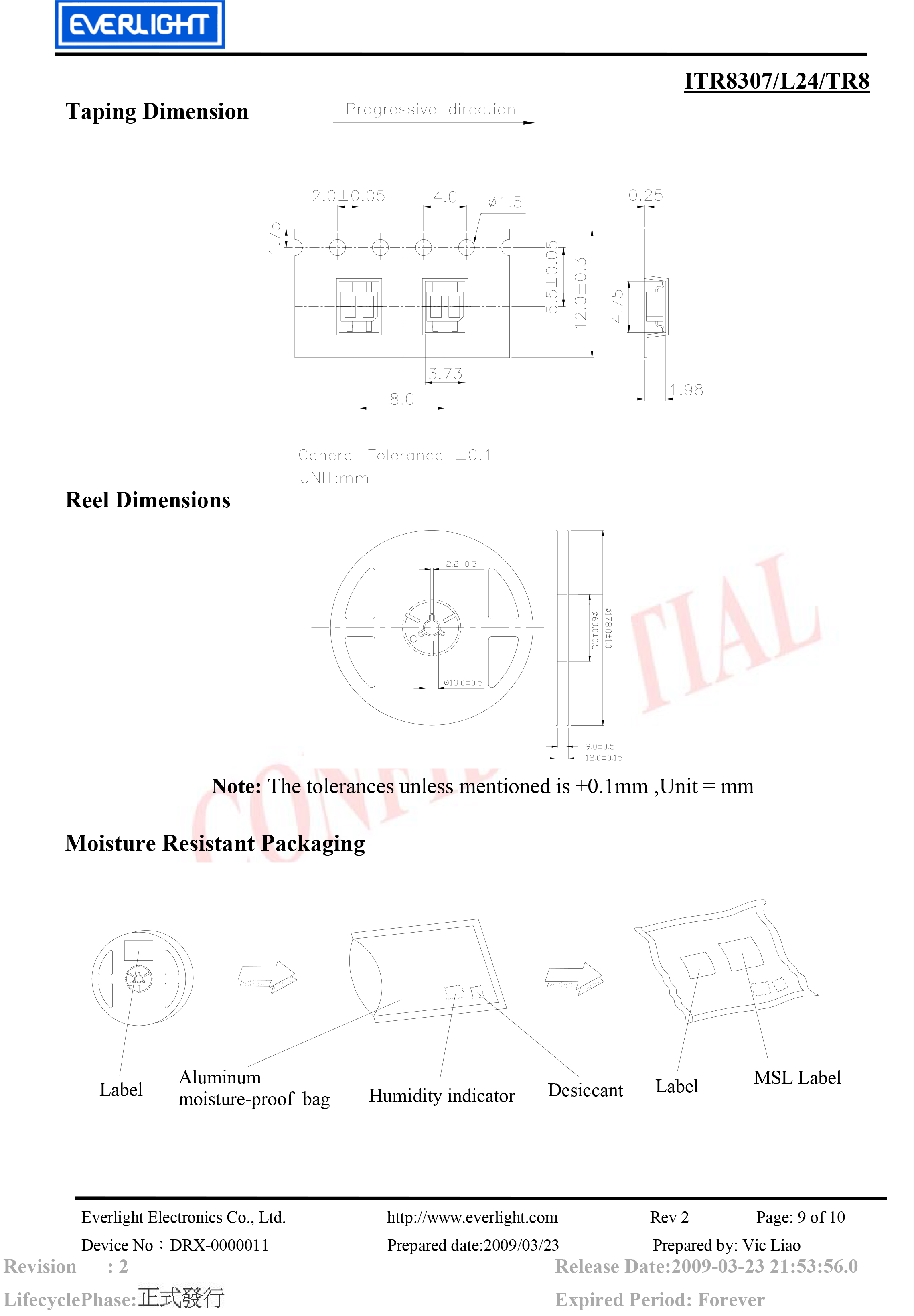 亿光贴片反射式光电开关ITR8307-L24/TR8规格书PDF 数据表