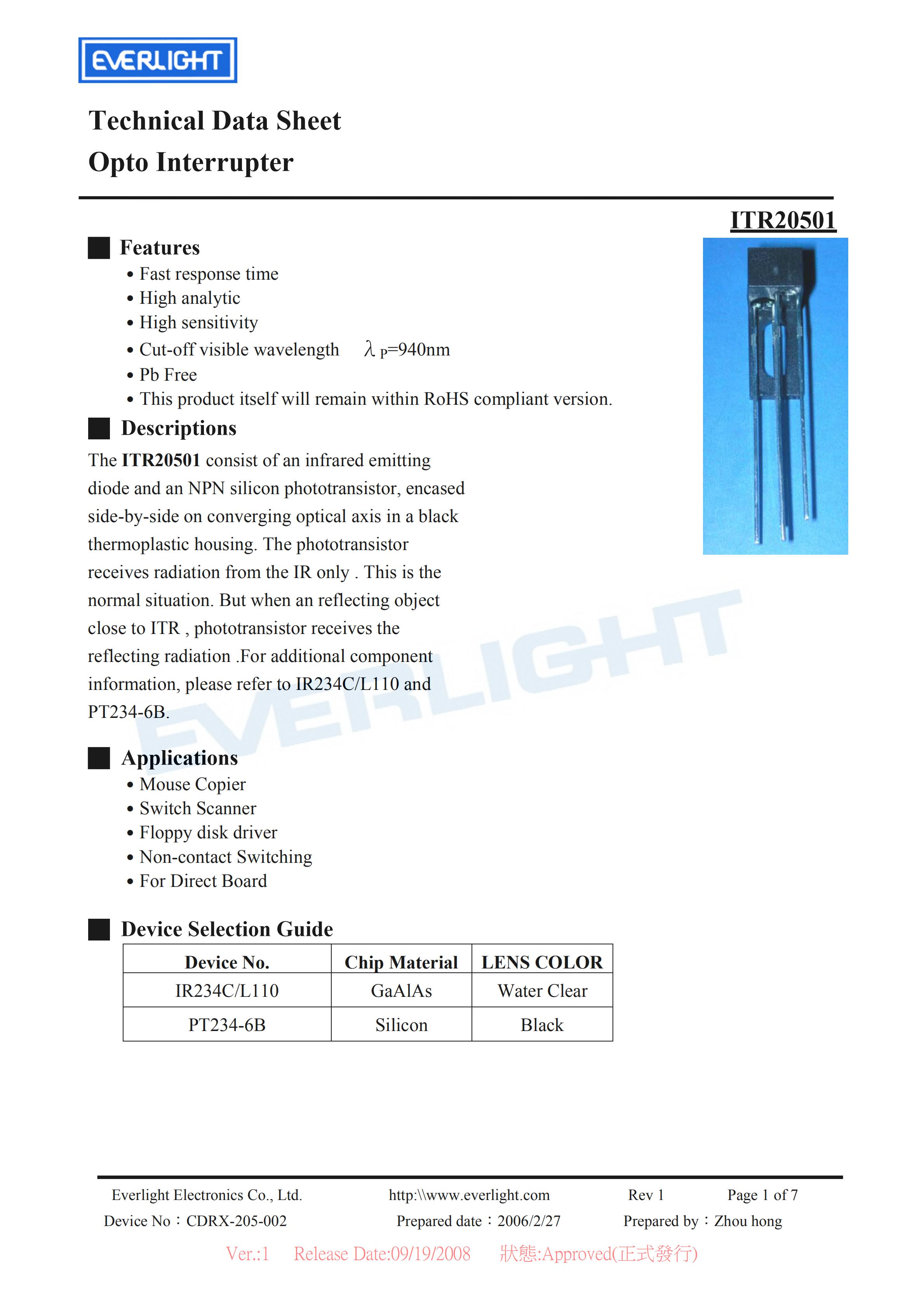 亿光反射式光电开关ITR20501开关传感器参数及规格书(PDF 数据表)