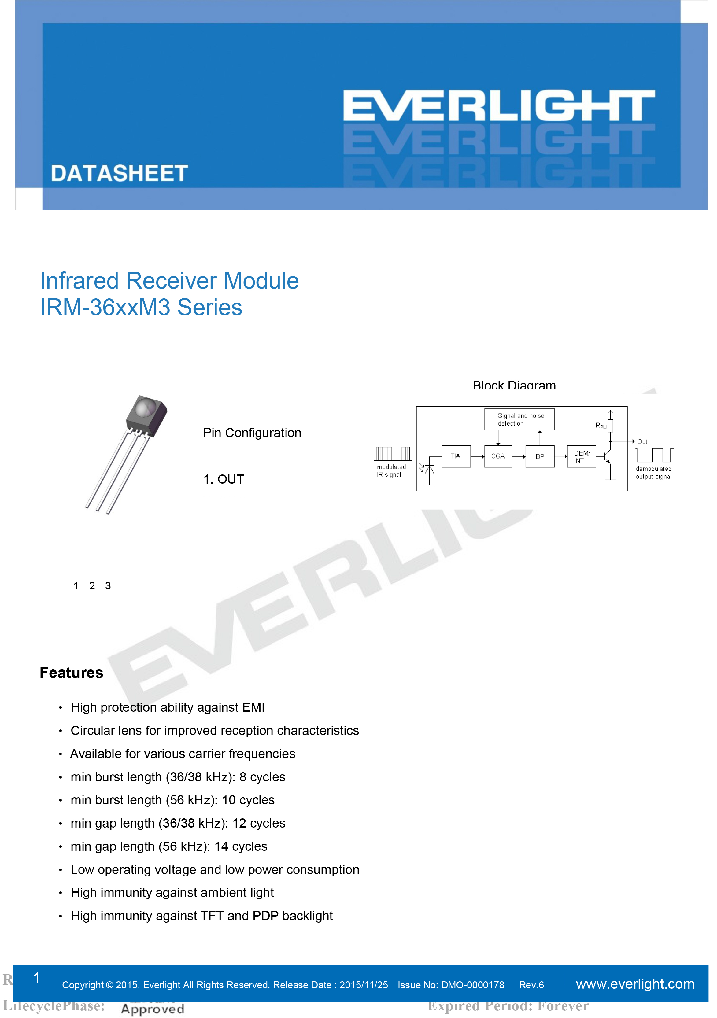 亿光直插红外接收头IRM-3656M3规格书PDF