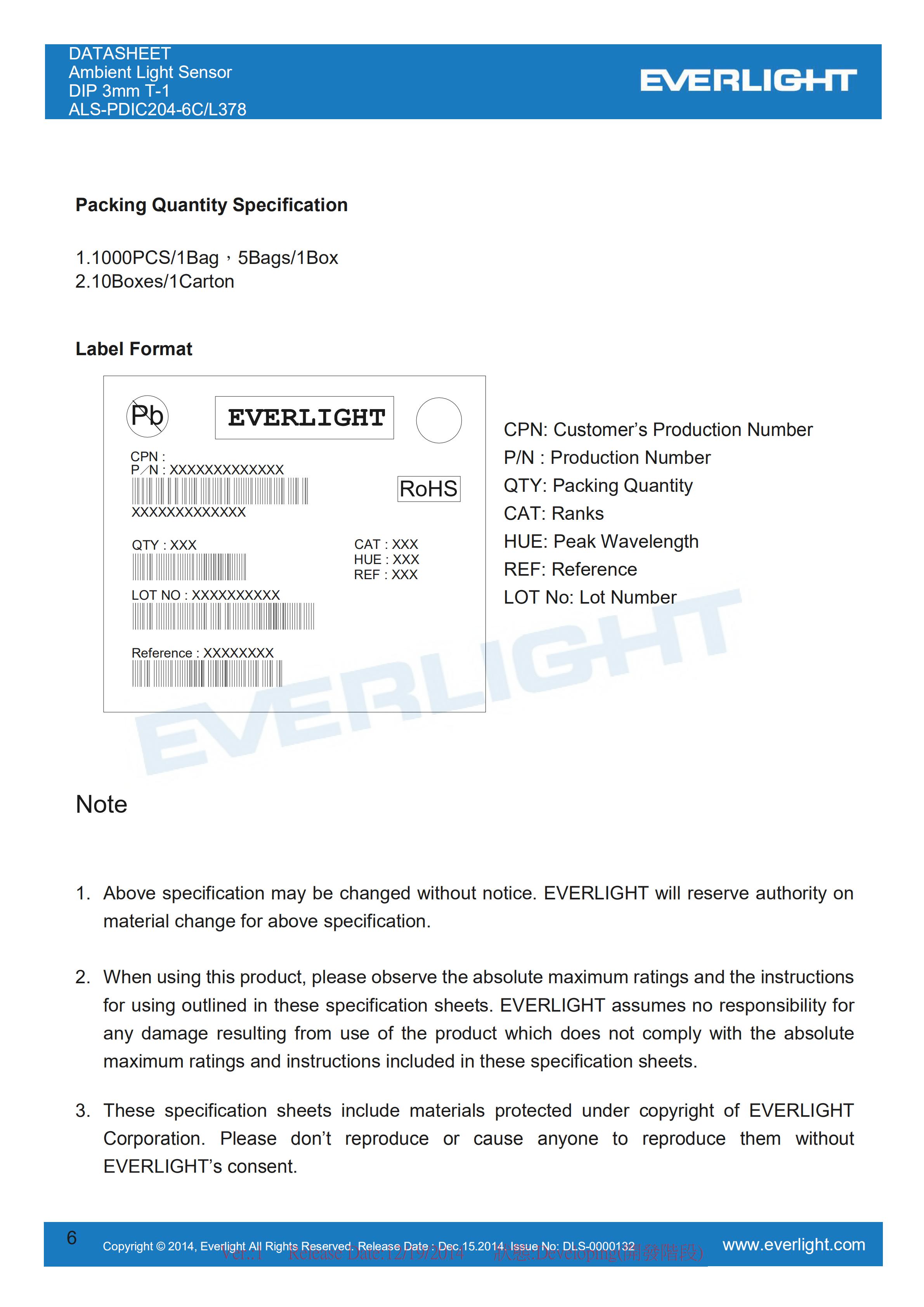 亿光直插式环境光传感器ALS-PDIC204-6C/L378光感应器规格书（数据表PDF）