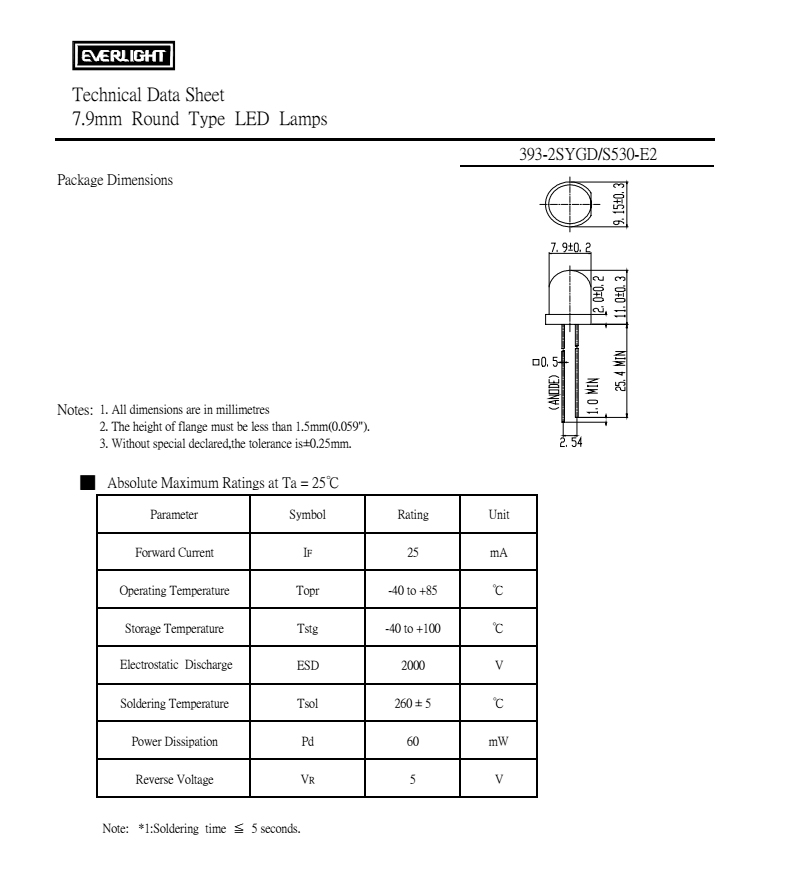 亿光直插8mm发光二级管393-2SYGD/S530-E2规格书PDF