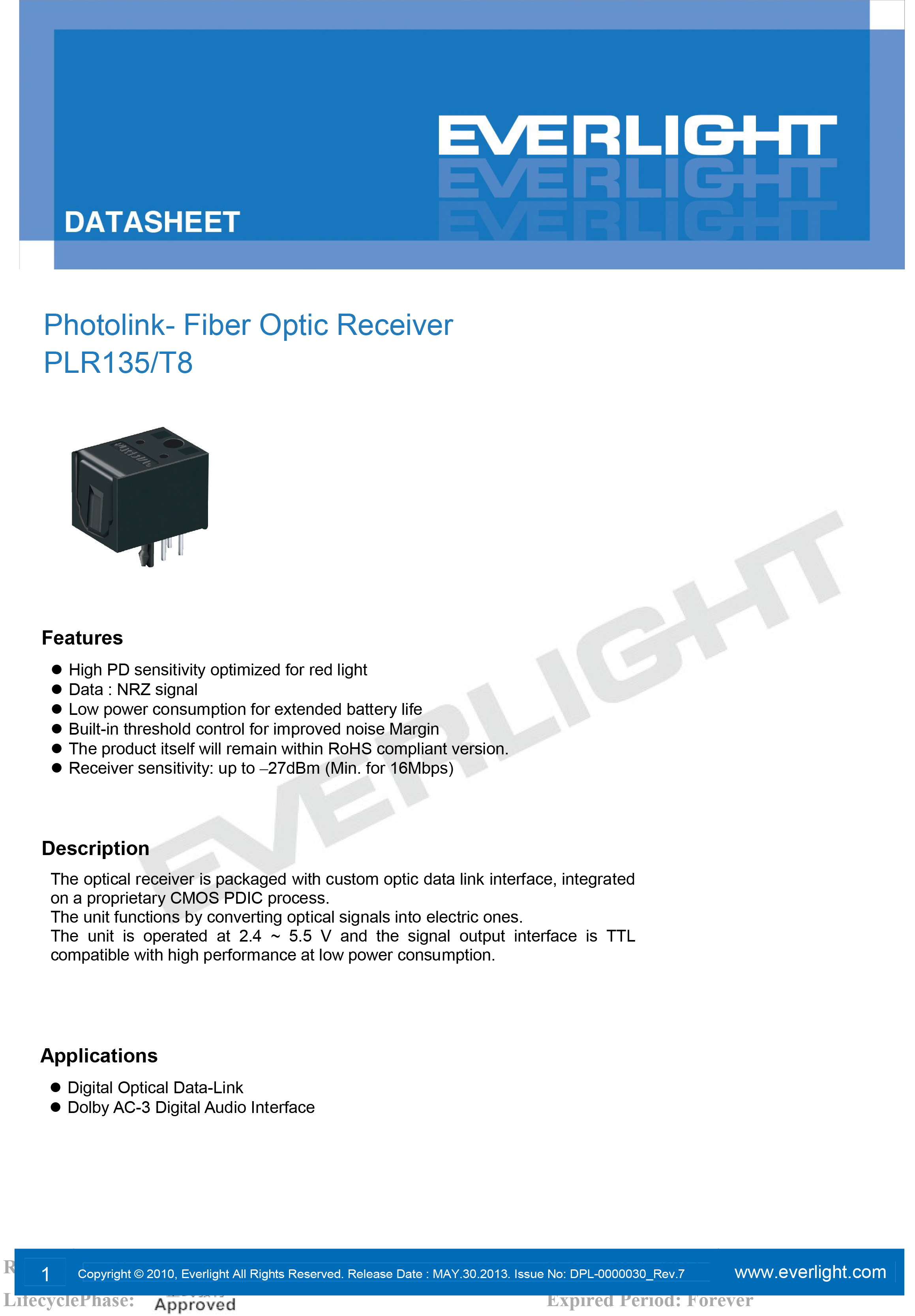 亿光光纤接收器PLR135/T8传输器规格书PDF 数据表