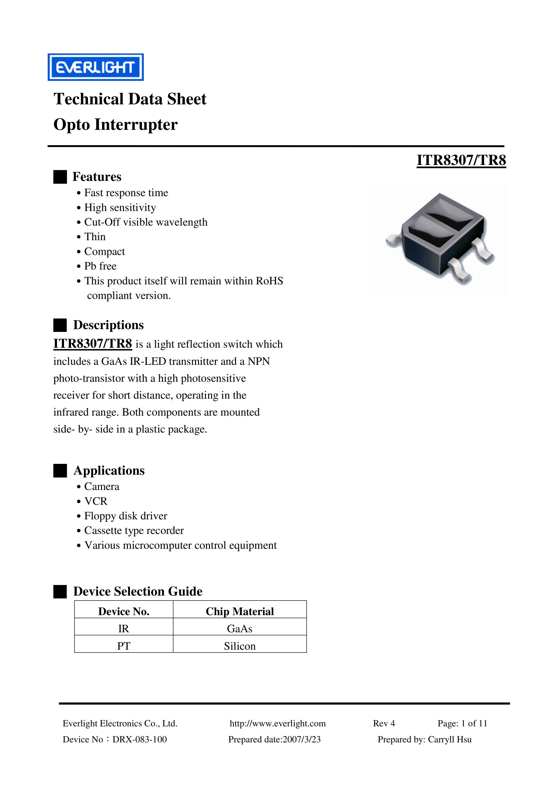 亿光反射式光电开关ITR8307/TR8开关传感器参数及规格书(PDF 数据表)
