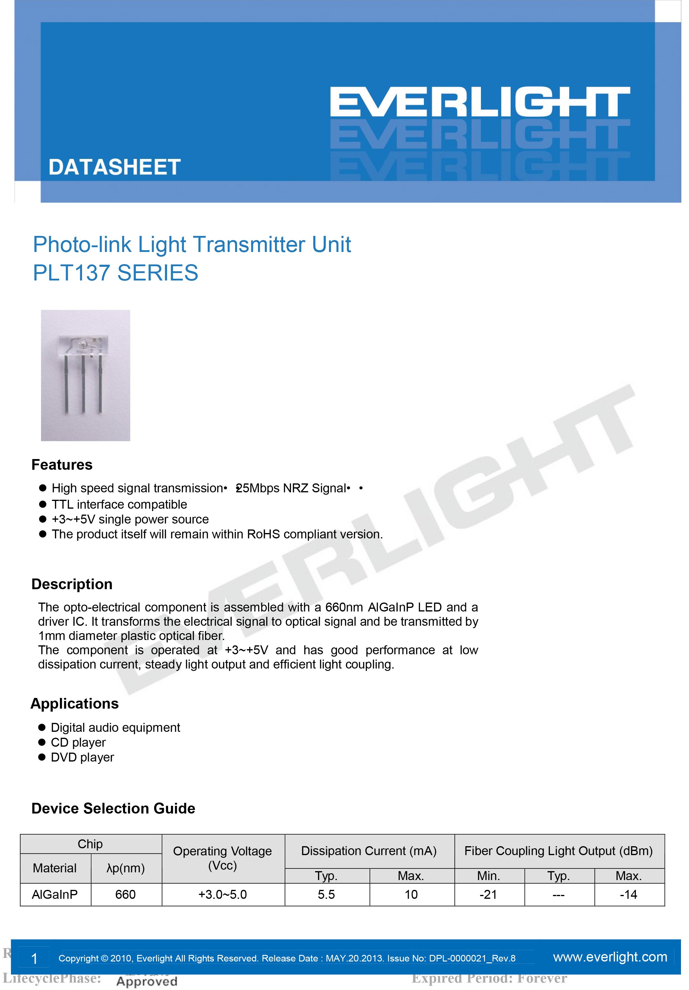 亿光光纤接发射器PLT137传输器-收发器规格书PDF 数据表