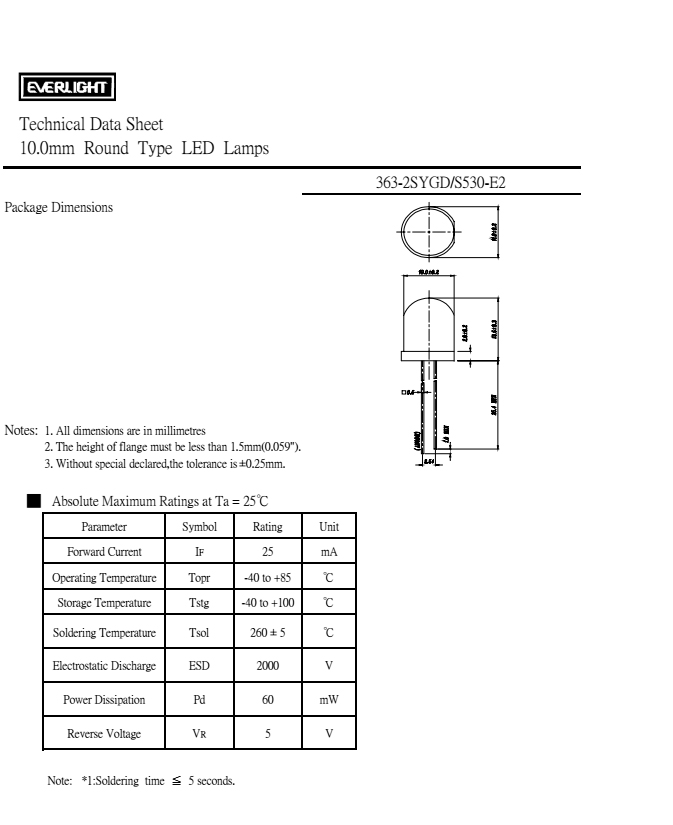 亿光直插10mm发光二级管363-2SYGD-S530-E2规格书PDF（数据表）