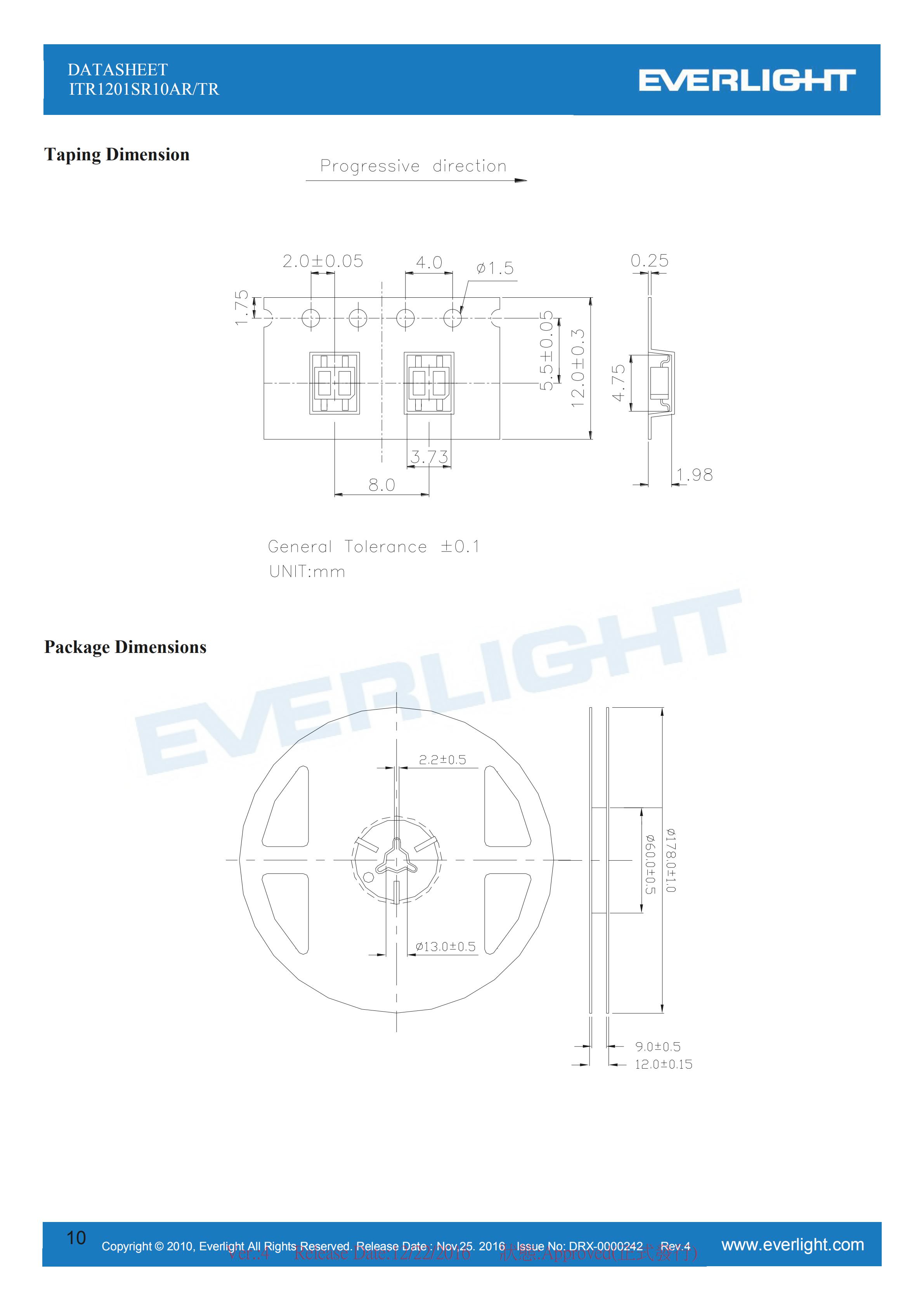 亿光贴片反射式光电开关ITR1201SR10AR/TR参数及规格书(PDF 数据表)